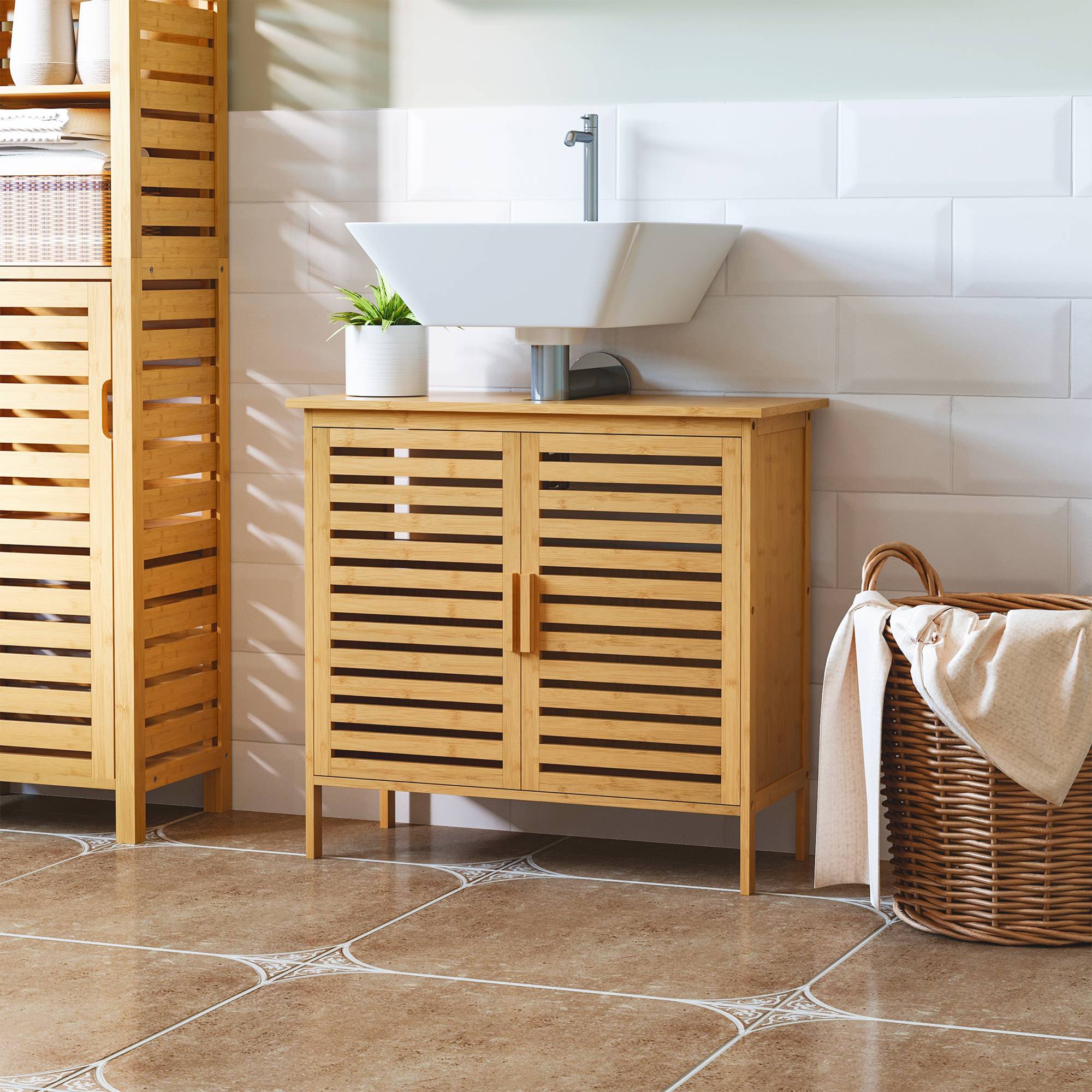 Sans Marque - Meuble sous-lavabo bambou meuble salle bain sur pied 2 portes 66x29x61,5 cm naturel - Image 3