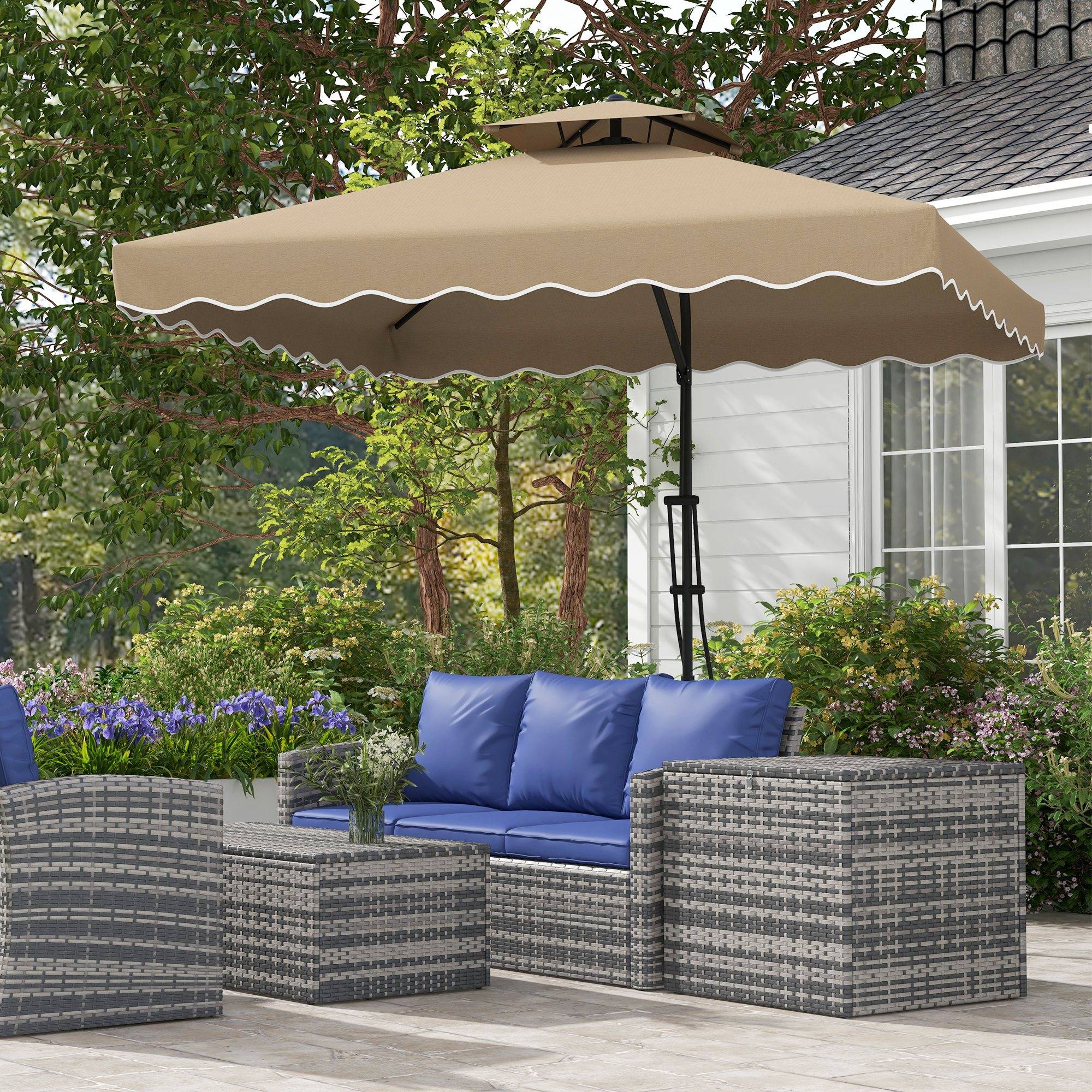 Parasol déporté carré pour jardin avec pied en croix, poignée - 243x243x251cm Polyester Kaki fr313 - Image 3