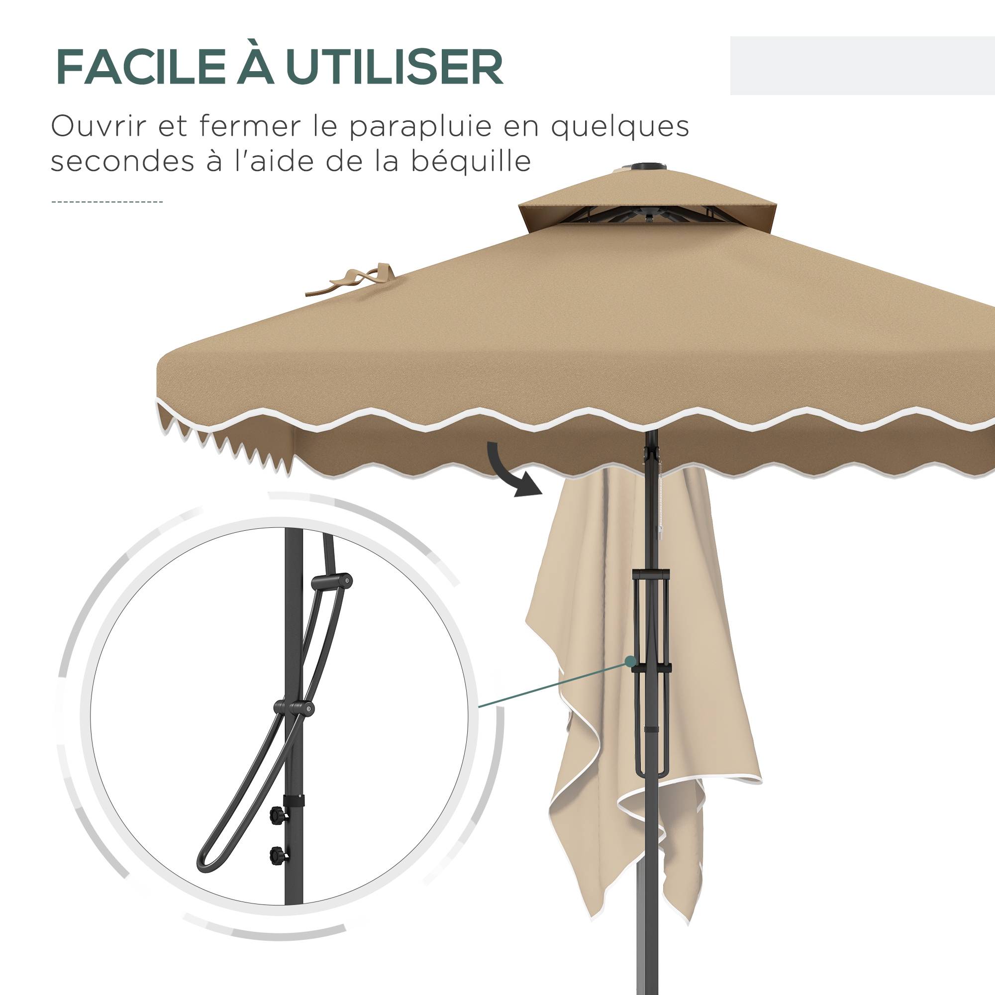 Parasol déporté carré pour jardin avec pied en croix, poignée - 243x243x251cm Polyester Kaki fr313 - Image 6