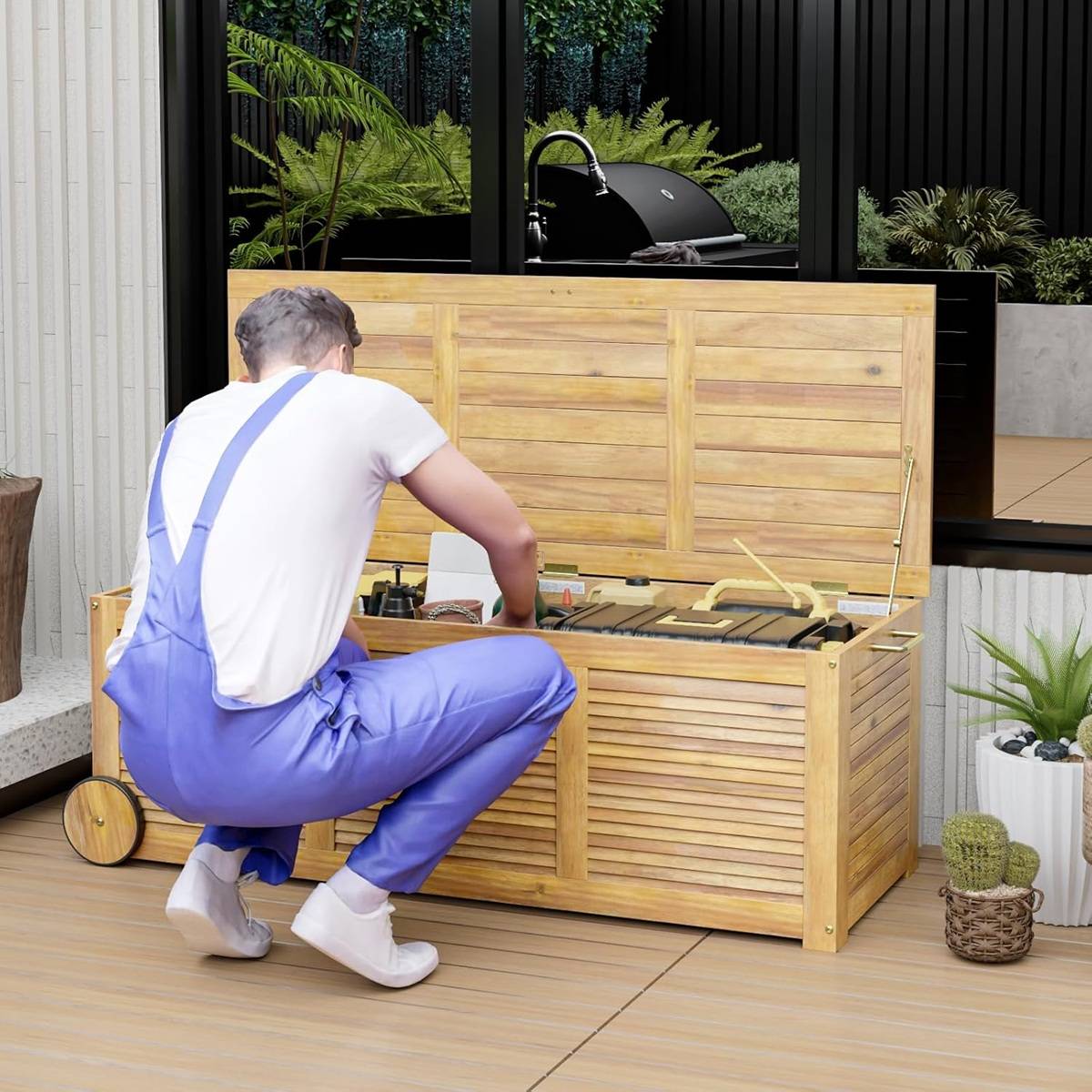 Maison Chic - Coffre de Rangement Bois 182 L Imperméable 2 en 1 Coffre Jardin avec Roulettes pour Terrasse - Image 2
