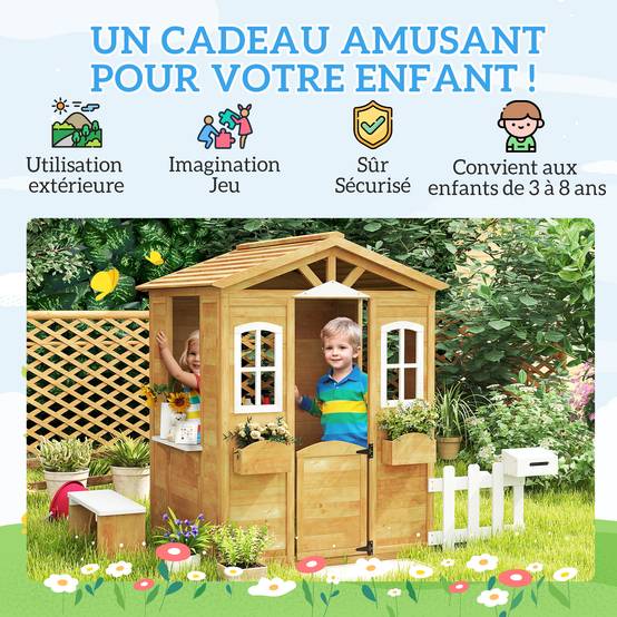 Cabane de jeu pour enfant maison de jardin en bois porte et fenêtres, banc, boite aux lettres, clôture, de 3 à 6 ans - Image 8
