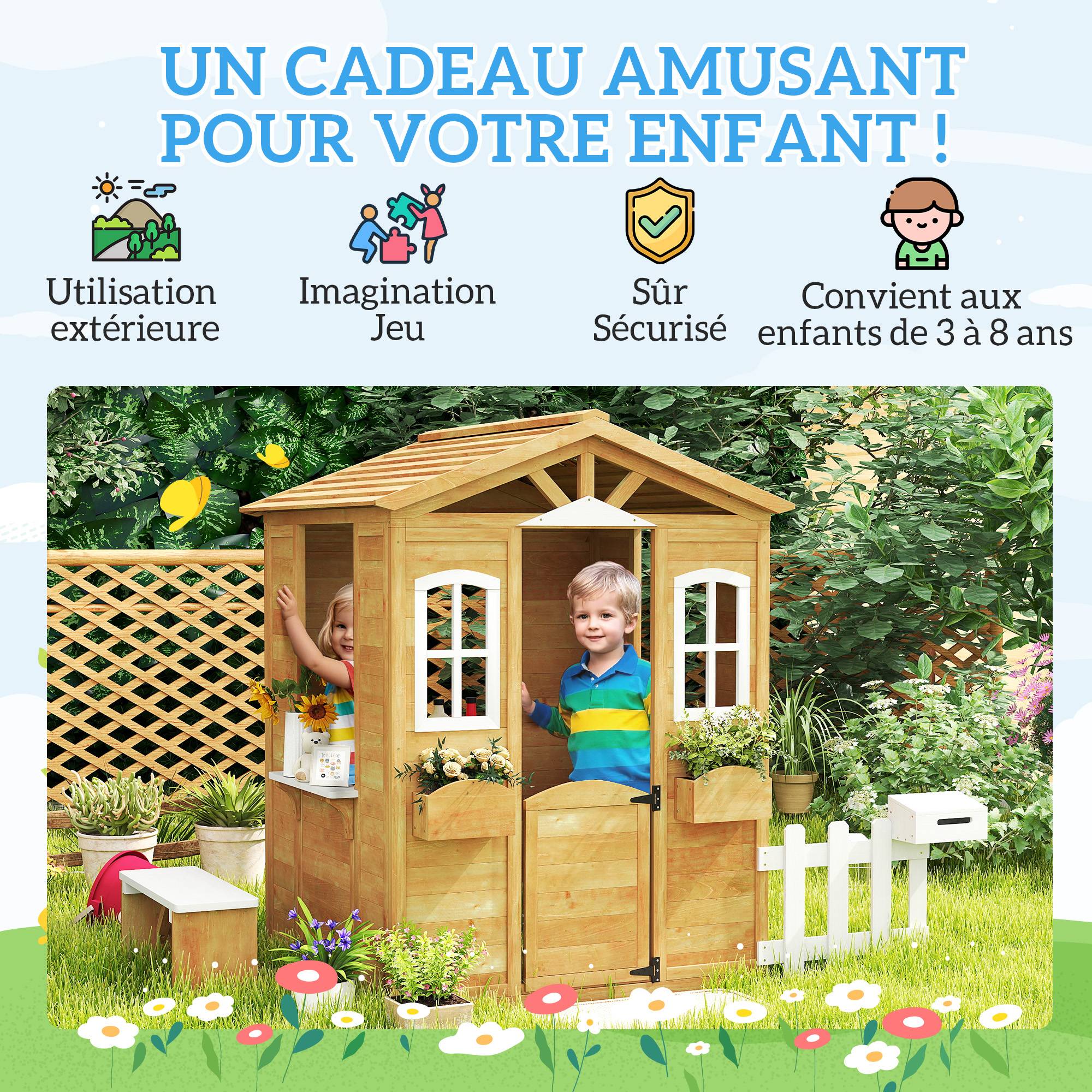 Cabane de jeu pour enfant maison de jardin en bois porte et fenêtres, banc, boite aux lettres, clôture, de 3 à 6 ans - Image 8
