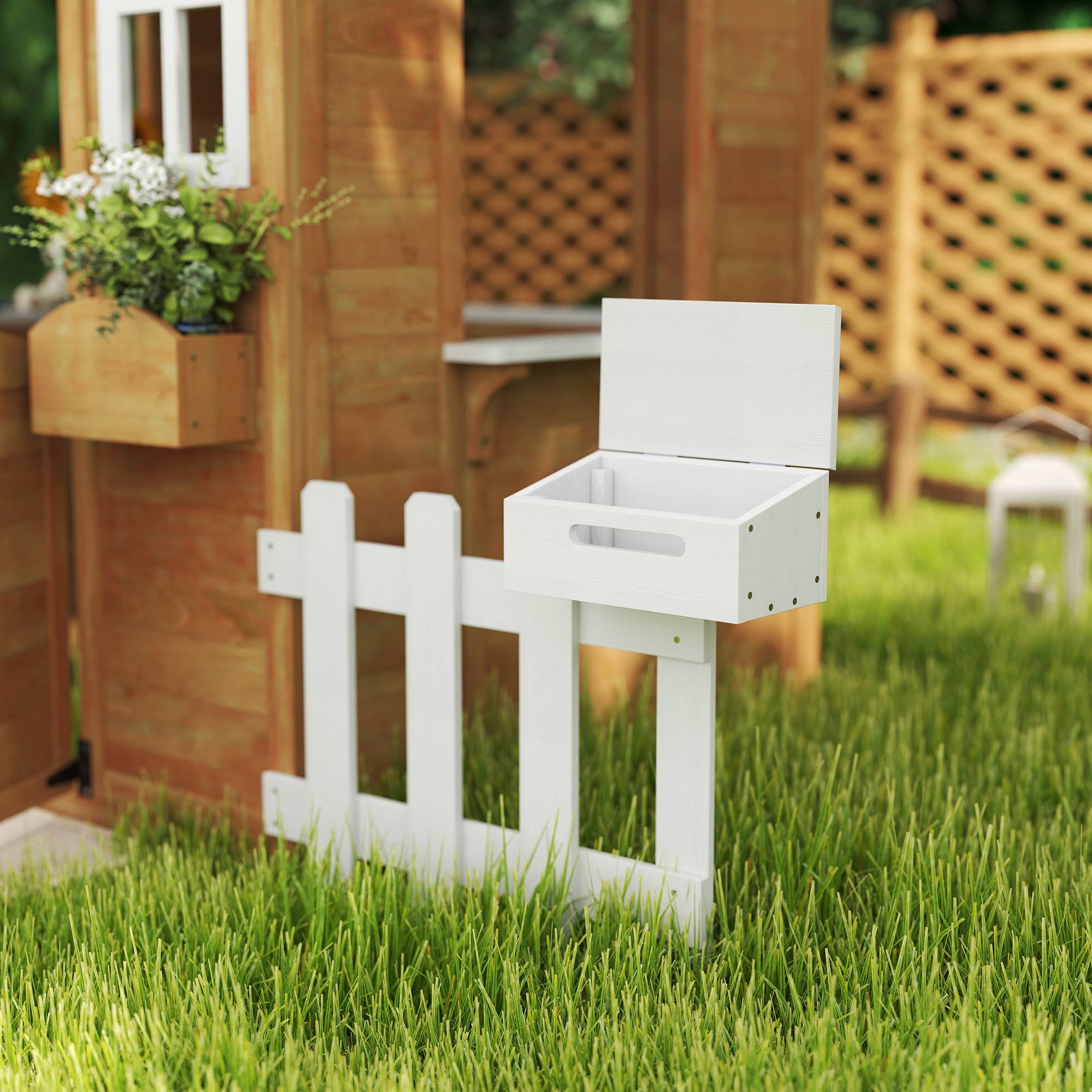 Cabane de jeu pour enfant maison de jardin en bois porte et fenêtres, banc, boite aux lettres, clôture, de 3 à 6 ans - Image 10