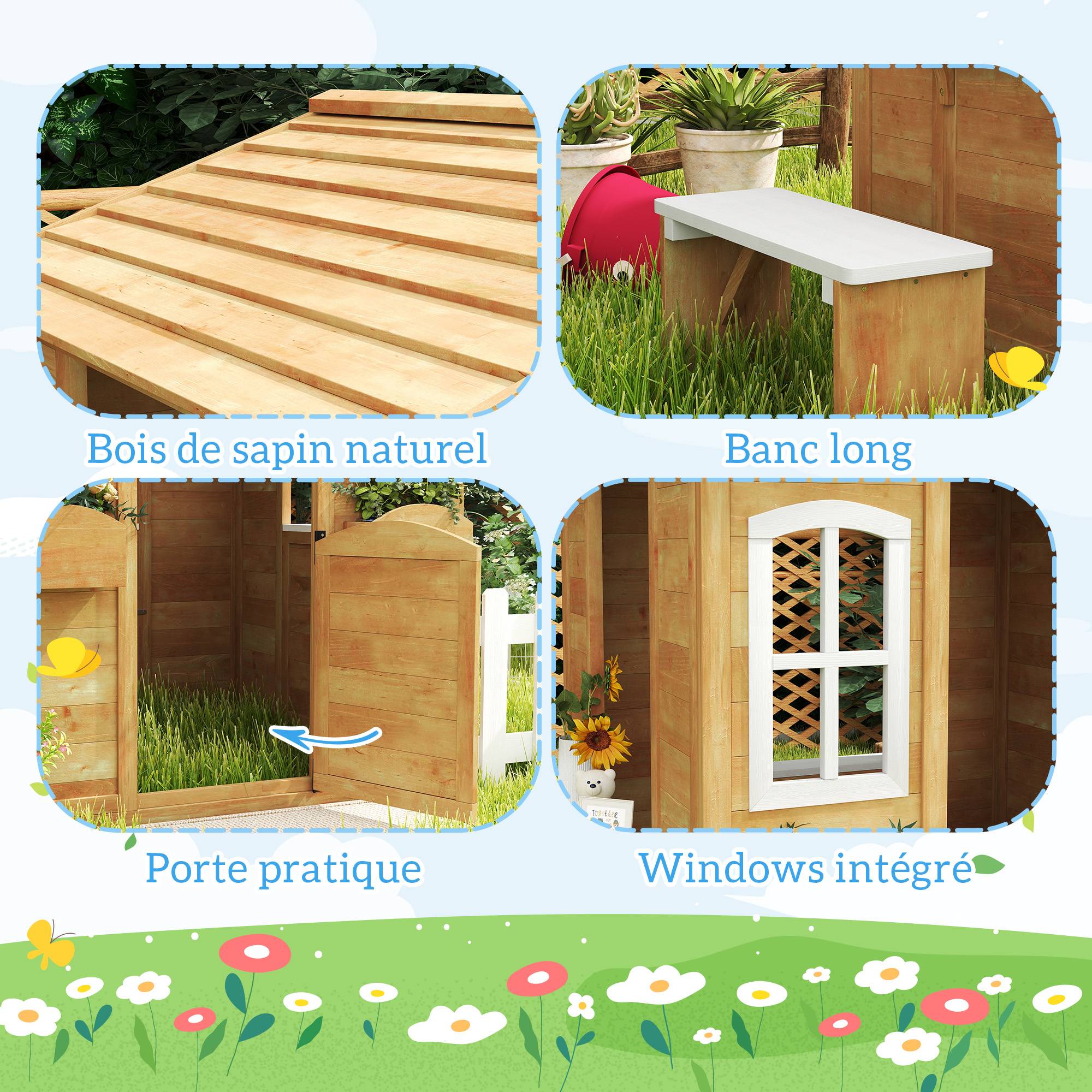 Cabane de jeu pour enfant maison de jardin en bois porte et fenêtres, banc, boite aux lettres, clôture, de 3 à 6 ans - Image 7