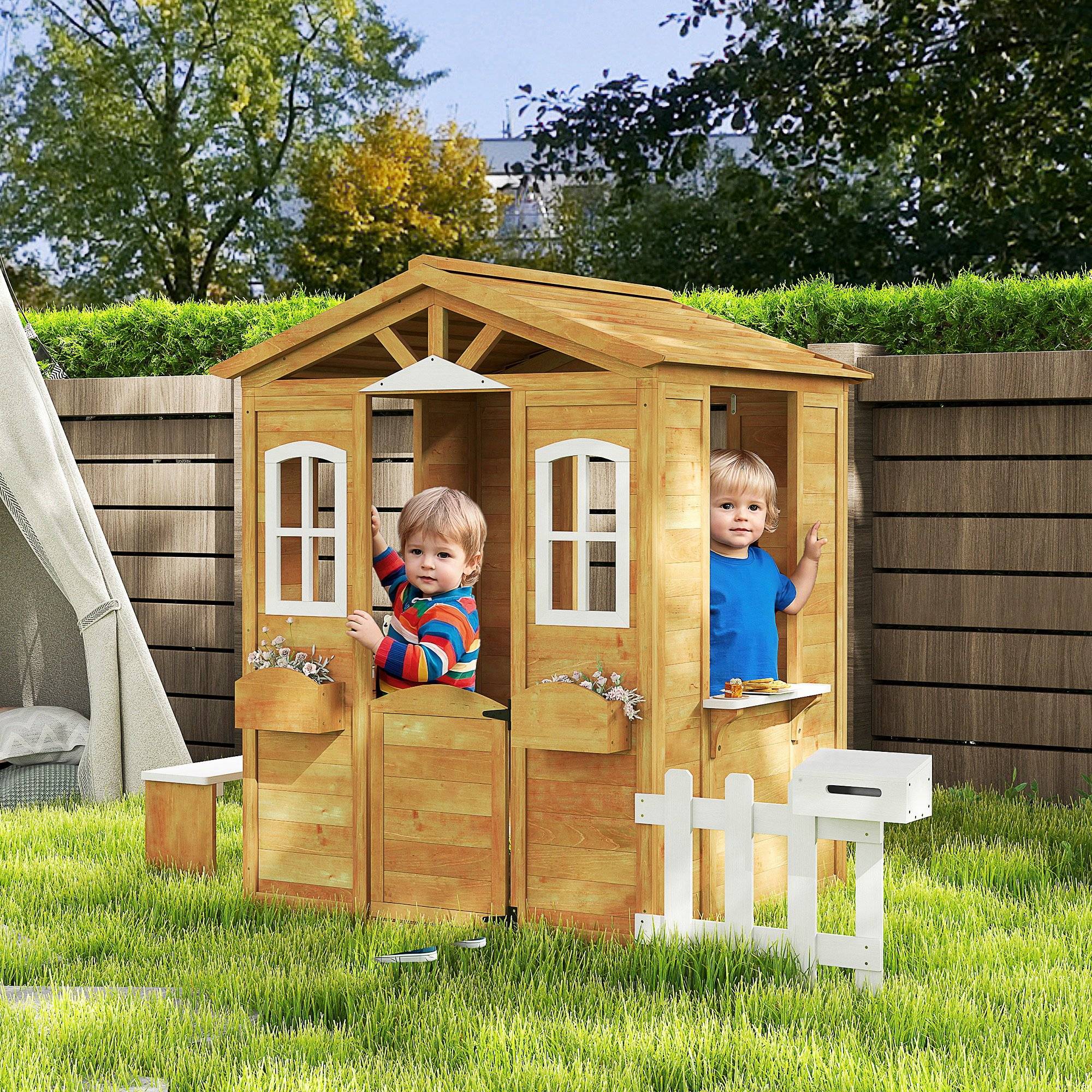 Cabane de jeu pour enfant maison de jardin en bois porte et fenêtres, banc, boite aux lettres, clôture, de 3 à 6 ans - Image 3