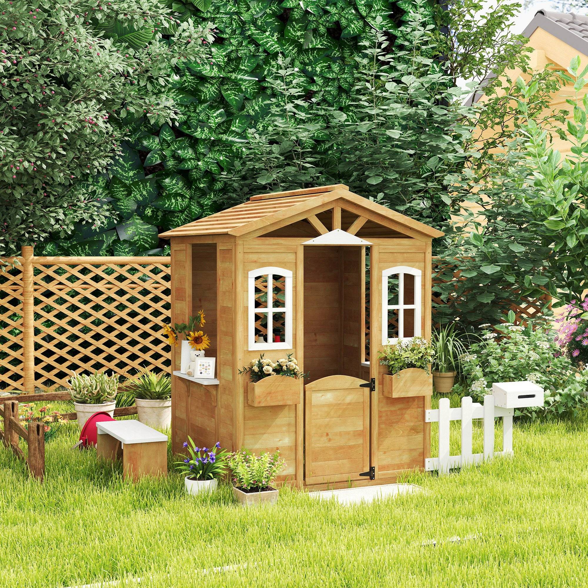 Cabane de jeu pour enfant maison de jardin en bois porte et fenêtres, banc, boite aux lettres, clôture, de 3 à 6 ans - Image 4