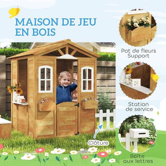 Cabane de jeu pour enfant maison de jardin en bois porte et fenêtres, banc, boite aux lettres, clôture, de 3 à 6 ans - Image 6