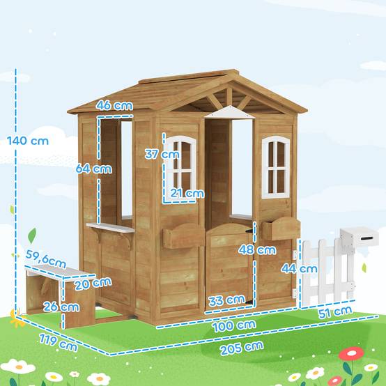 Cabane de jeu pour enfant maison de jardin en bois porte et fenêtres, banc, boite aux lettres, clôture, de 3 à 6 ans - Image 5