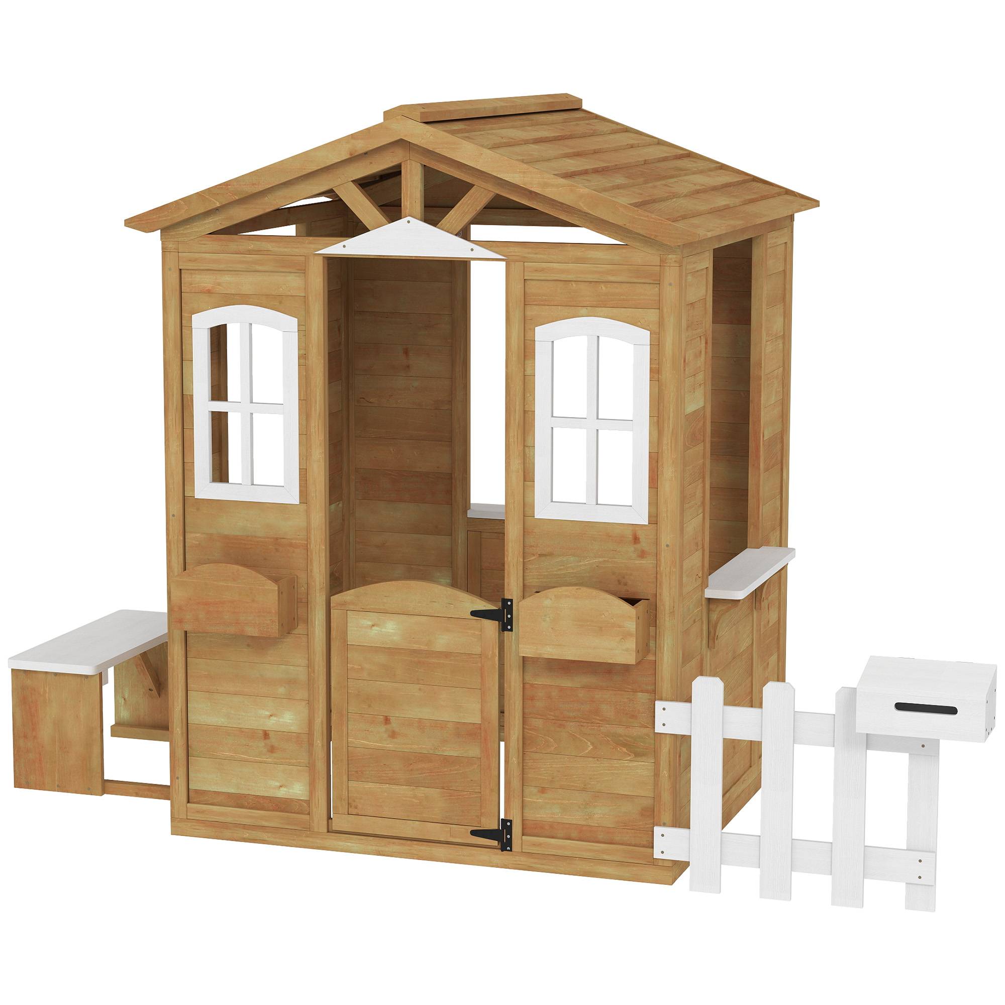 Cabane de jeu pour enfant maison de jardin en bois porte et fenêtres, banc, boite aux lettres, clôture, de 3 à 6 ans - Image 2