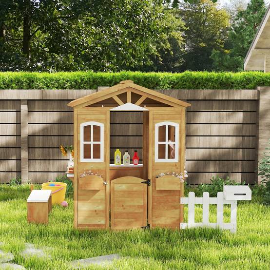 Cabane de jeu pour enfant maison de jardin en bois porte et fenêtres, banc, boite aux lettres, clôture, de 3 à 6 ans - Image 9