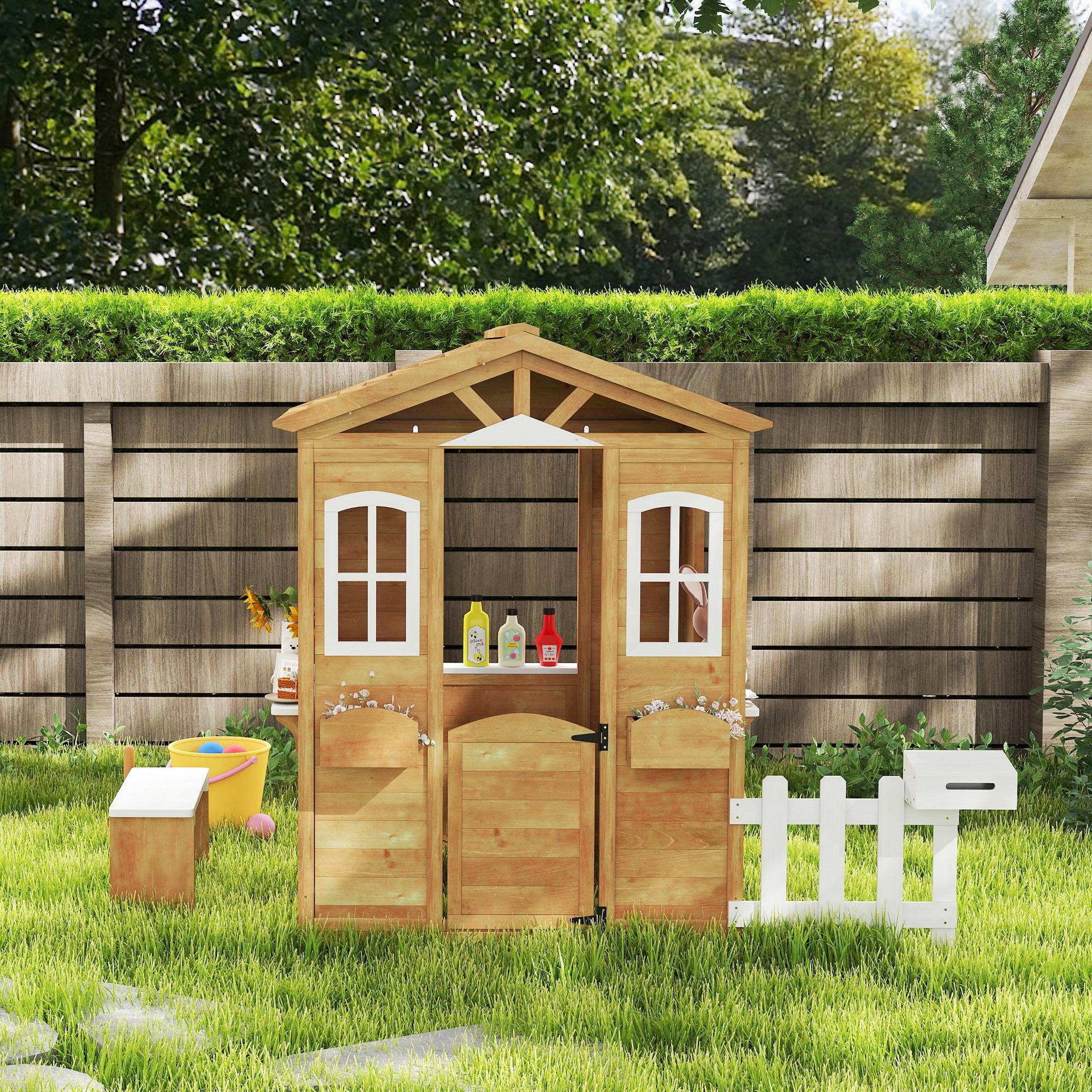 Cabane de jeu pour enfant maison de jardin en bois porte et fenêtres, banc, boite aux lettres, clôture, de 3 à 6 ans - Image 9