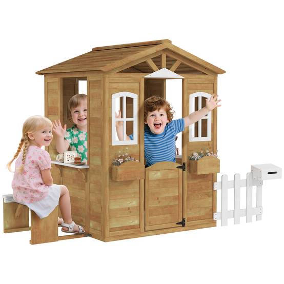 Cabane de jeu pour enfant maison de jardin en bois porte et fenêtres, banc, boite aux lettres, clôture, de 3 à 6 ans - Image 1
