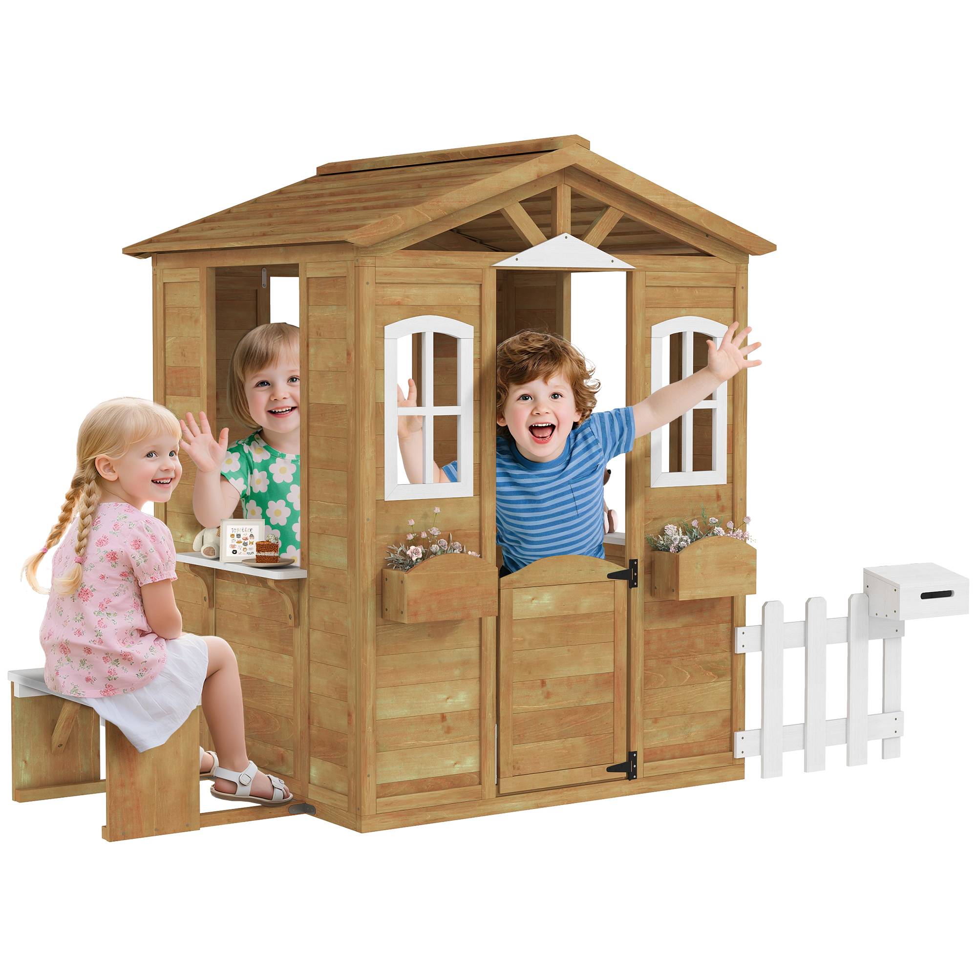 Cabane de jeu pour enfant maison de jardin en bois porte et fenêtres, banc, boite aux lettres, clôture, de 3 à 6 ans - Image 1
