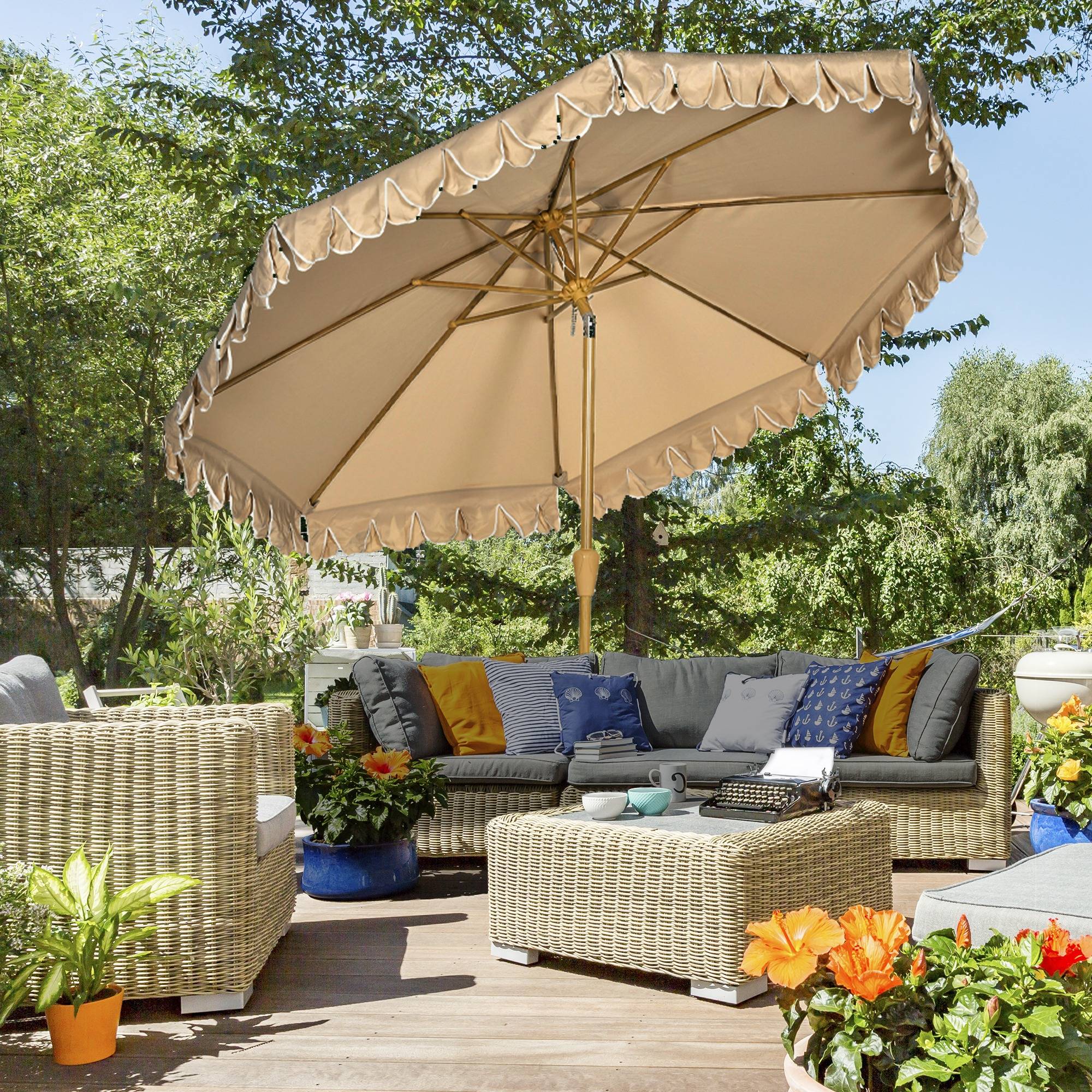 Parasol inclinable rond Ø 264 cm avec volants tissu polyester - 264x264x240cm Polyester Kaki fr345 - Image 4