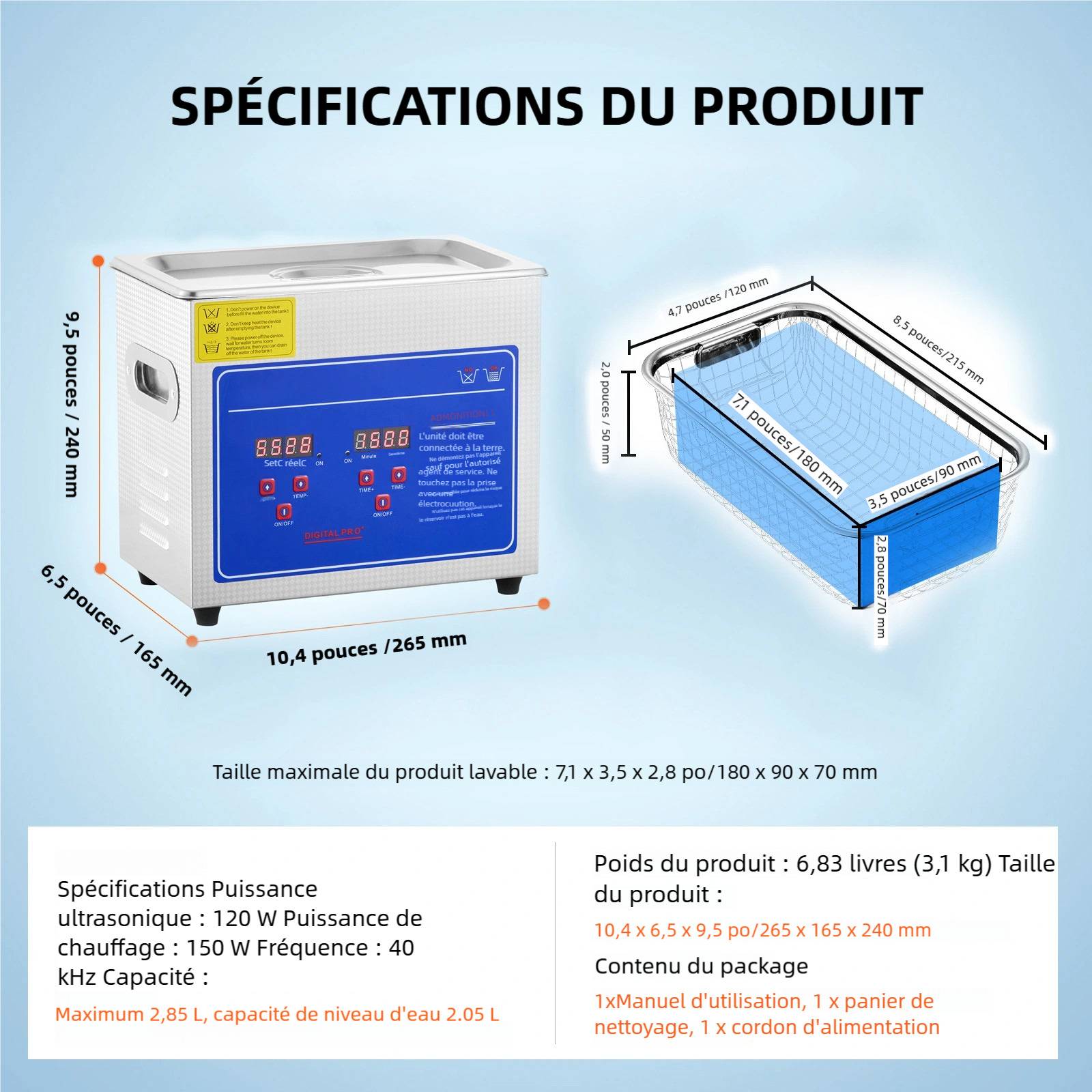 VEVOR Nettoyeur à ultrasons professionnel 3L, affichage digital ultrasonique (3L) - Image 7