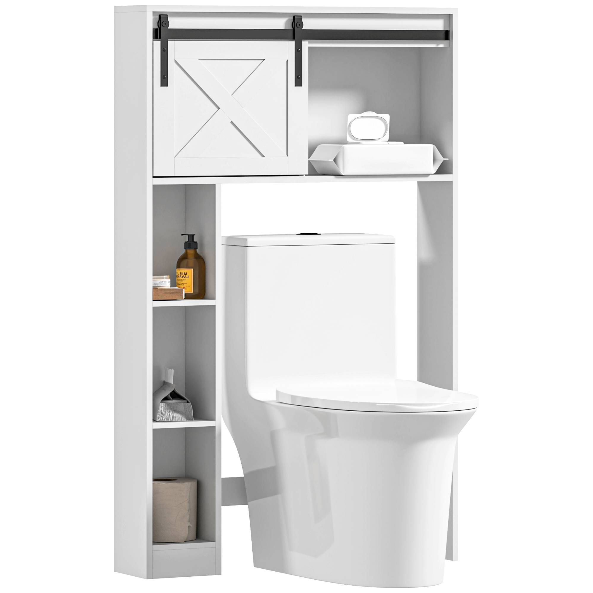 Sans Marque - Meuble rangement dessus toilettes porte coulissante meuble étagère dessus WC étagère réglable blanc - Image 1