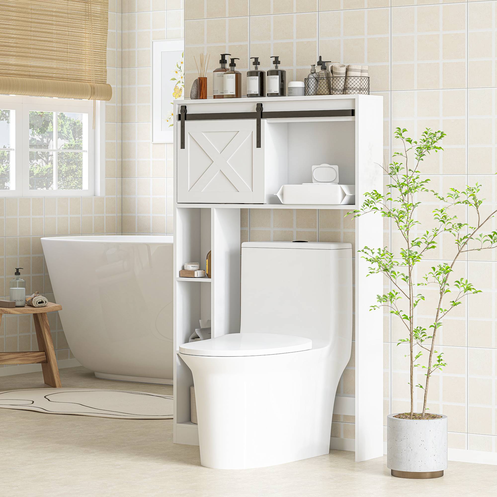 Sans Marque - Meuble rangement dessus toilettes porte coulissante meuble étagère dessus WC étagère réglable blanc - Image 3