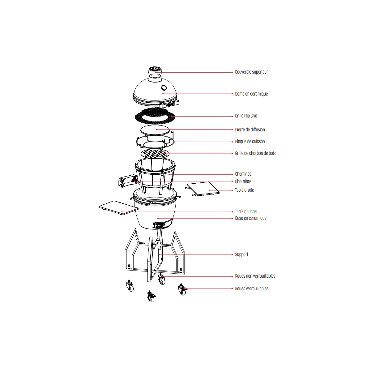 Barbecue à charbon de bois Céramique Kamado Rouge 2 zones de cuisson Grill & Fumoir Ø56cm - Barbecue mobile + 2 tablettes INTEC - Image 8