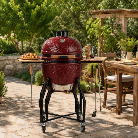 Barbecue à charbon de bois Céramique Kamado Rouge 2 zones de cuisson Grill & Fumoir Ø56cm - Barbecue mobile + 2 tablettes INTEC - Image 3