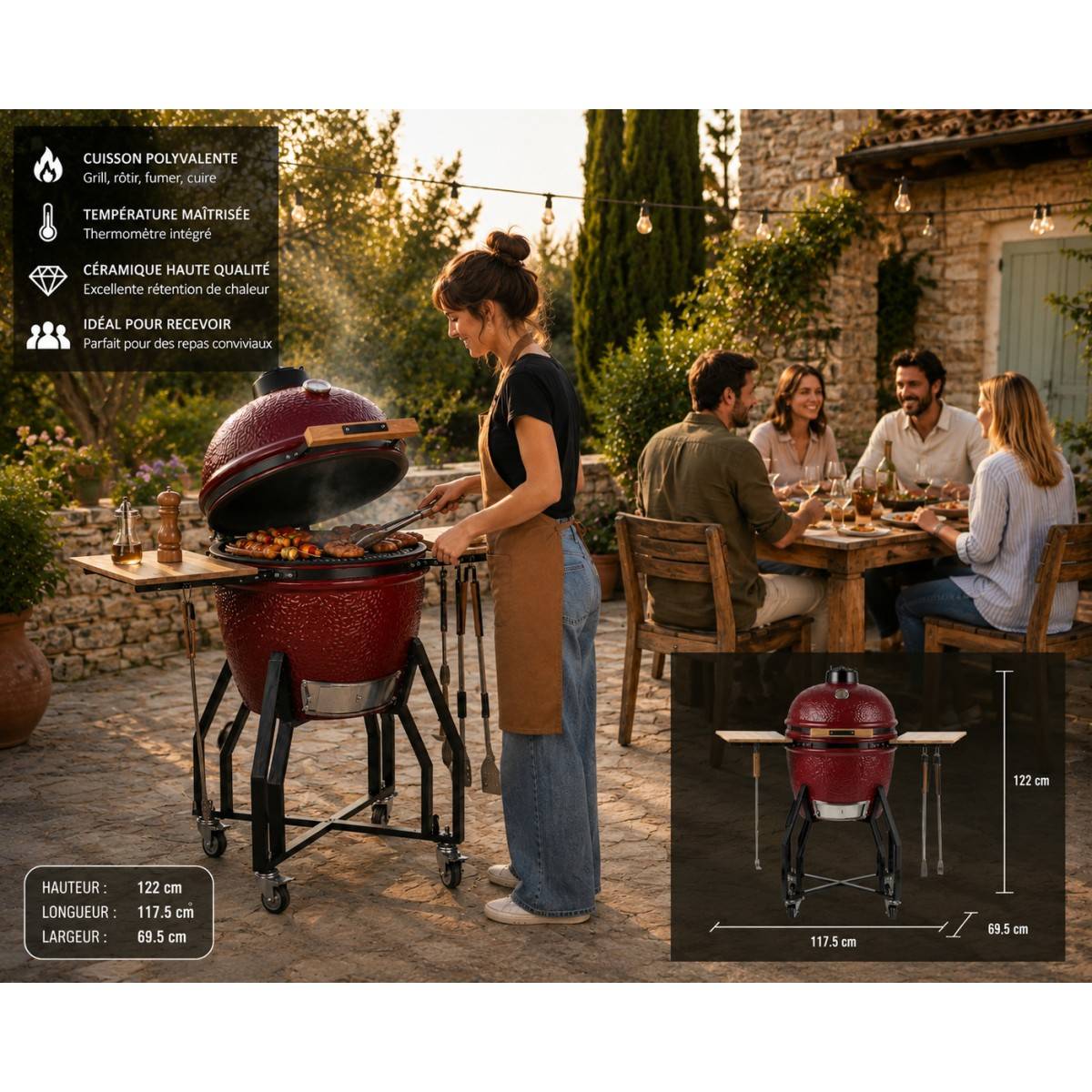 Barbecue à charbon de bois Céramique Kamado Rouge 2 zones de cuisson Grill & Fumoir Ø56cm - Barbecue mobile + 2 tablettes INTEC - Image 2