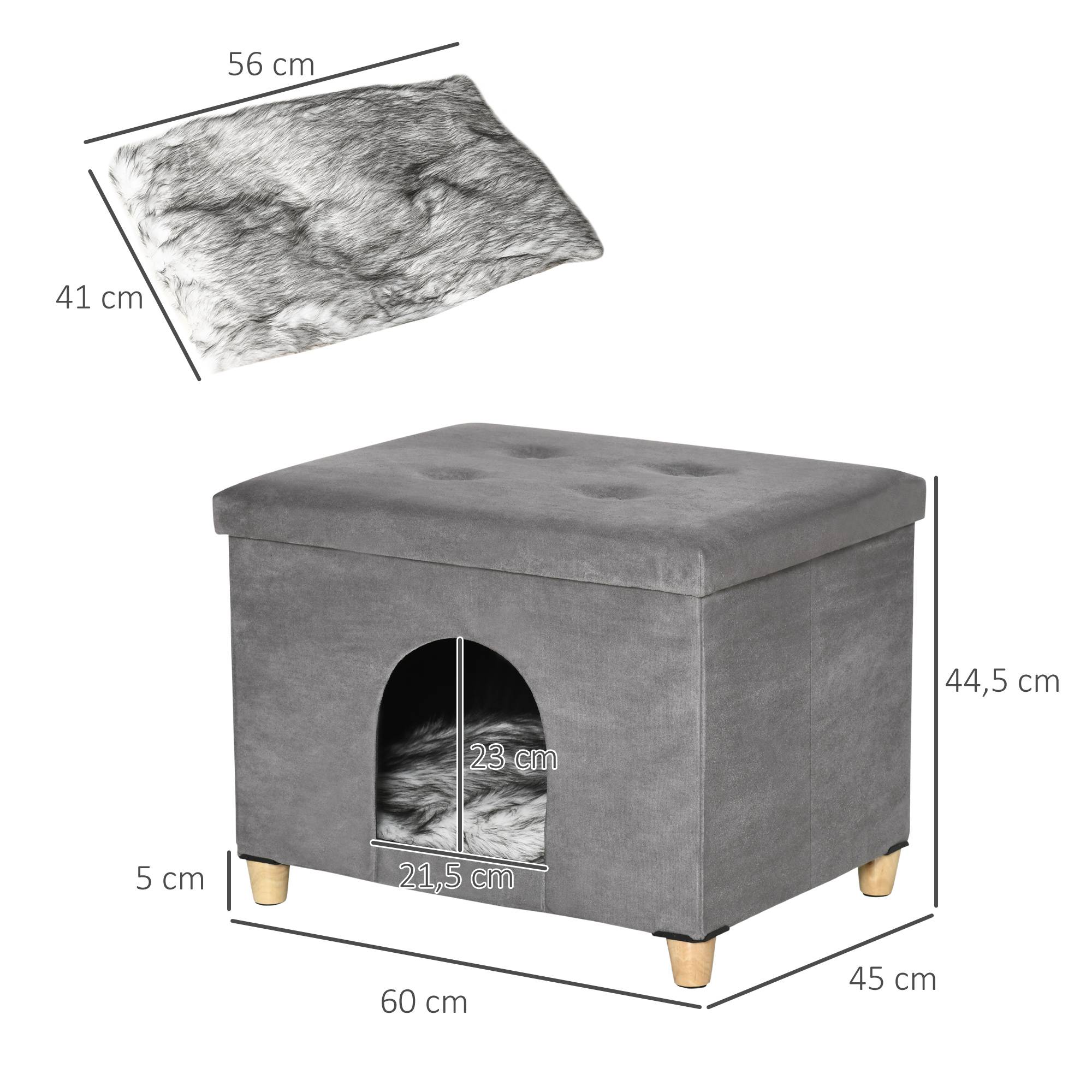 Sans Marque - Katzenhöhle Katzenbett 2-IN-1 Katzenhaus Fußhocker mit Kissen Holzbeine Katzenzelt Haustierhaus Gris 60 x 45 x 44,5 cm - Image 5