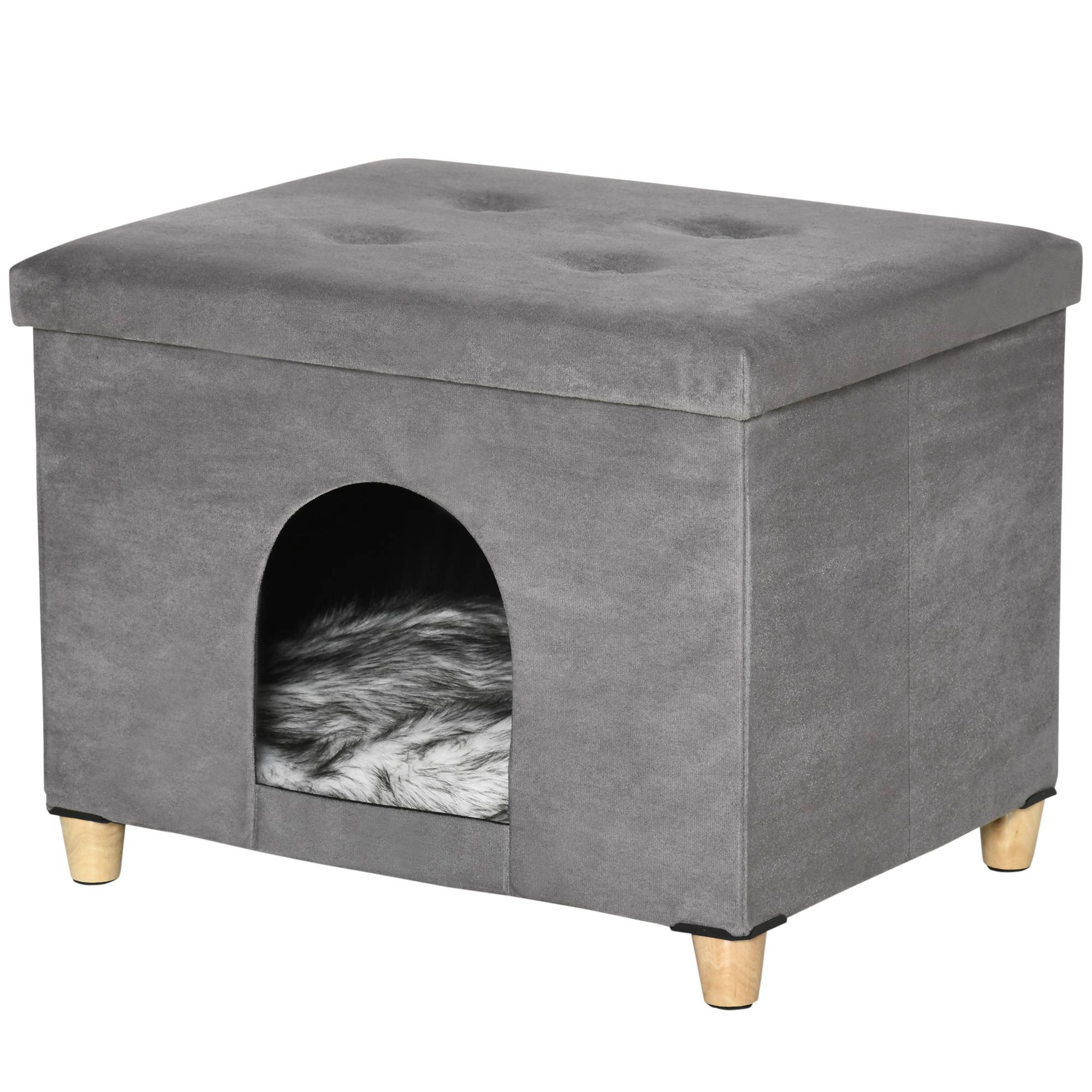 Sans Marque - Katzenhöhle Katzenbett 2-IN-1 Katzenhaus Fußhocker mit Kissen Holzbeine Katzenzelt Haustierhaus Gris 60 x 45 x 44,5 cm - Image 2