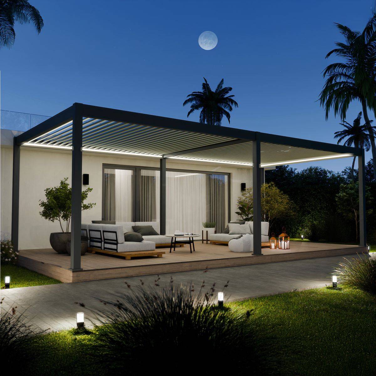 Direct Abris - Pergola Bioclimatique Aluminium Autoportée 32m² - 4x8m - Kit LED Inclus - Anthracite - 50 lames en Aluminium a 120 degrés - Image 1