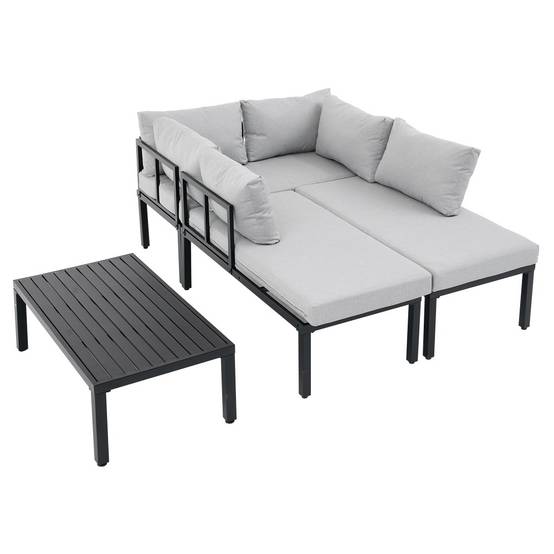 Ensemble de mobilier de jardin, structure en fer galvanisé, 6 places, pieds réglables, dossiers amovibles, gris - Image 7