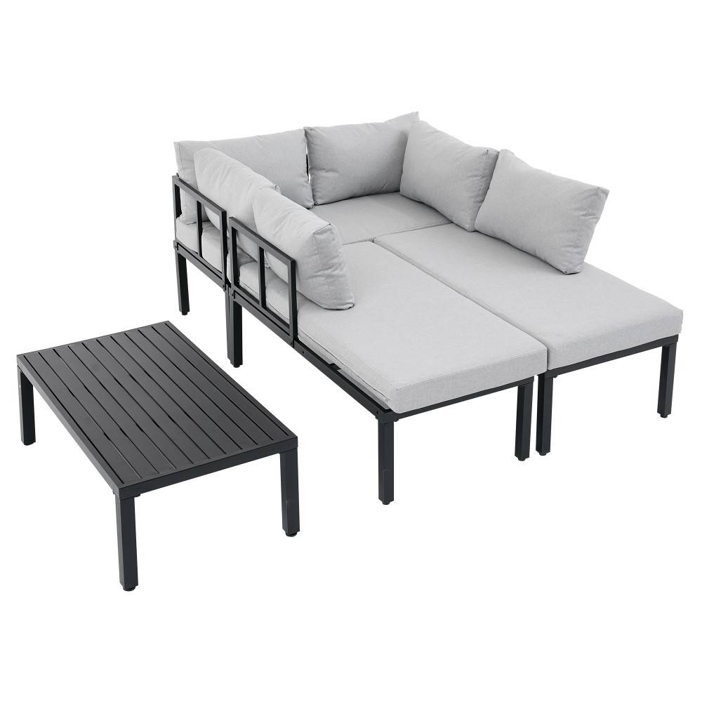 Ensemble de mobilier de jardin, structure en fer galvanisé, 6 places, pieds réglables, dossiers amovibles, gris - Image 7