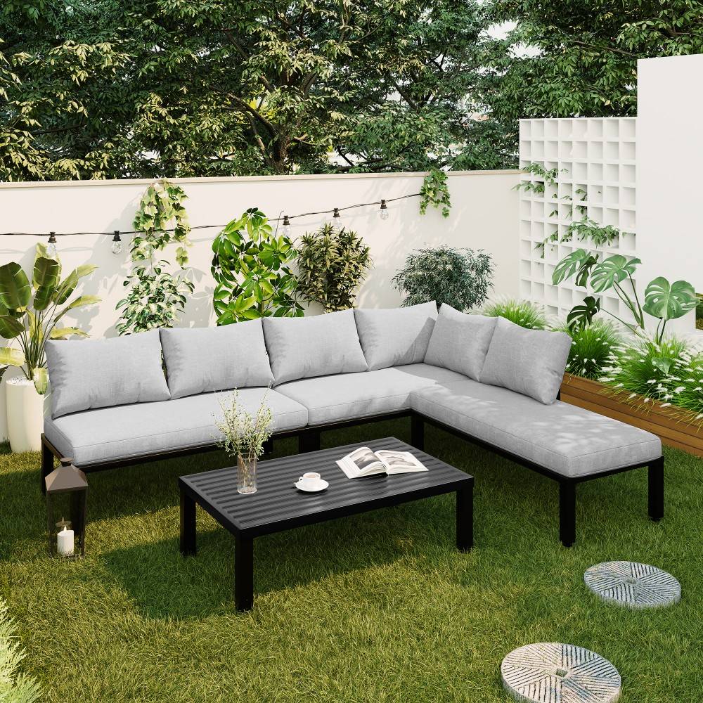 Ensemble de mobilier de jardin, structure en fer galvanisé, 6 places, pieds réglables, dossiers amovibles, gris - Image 2
