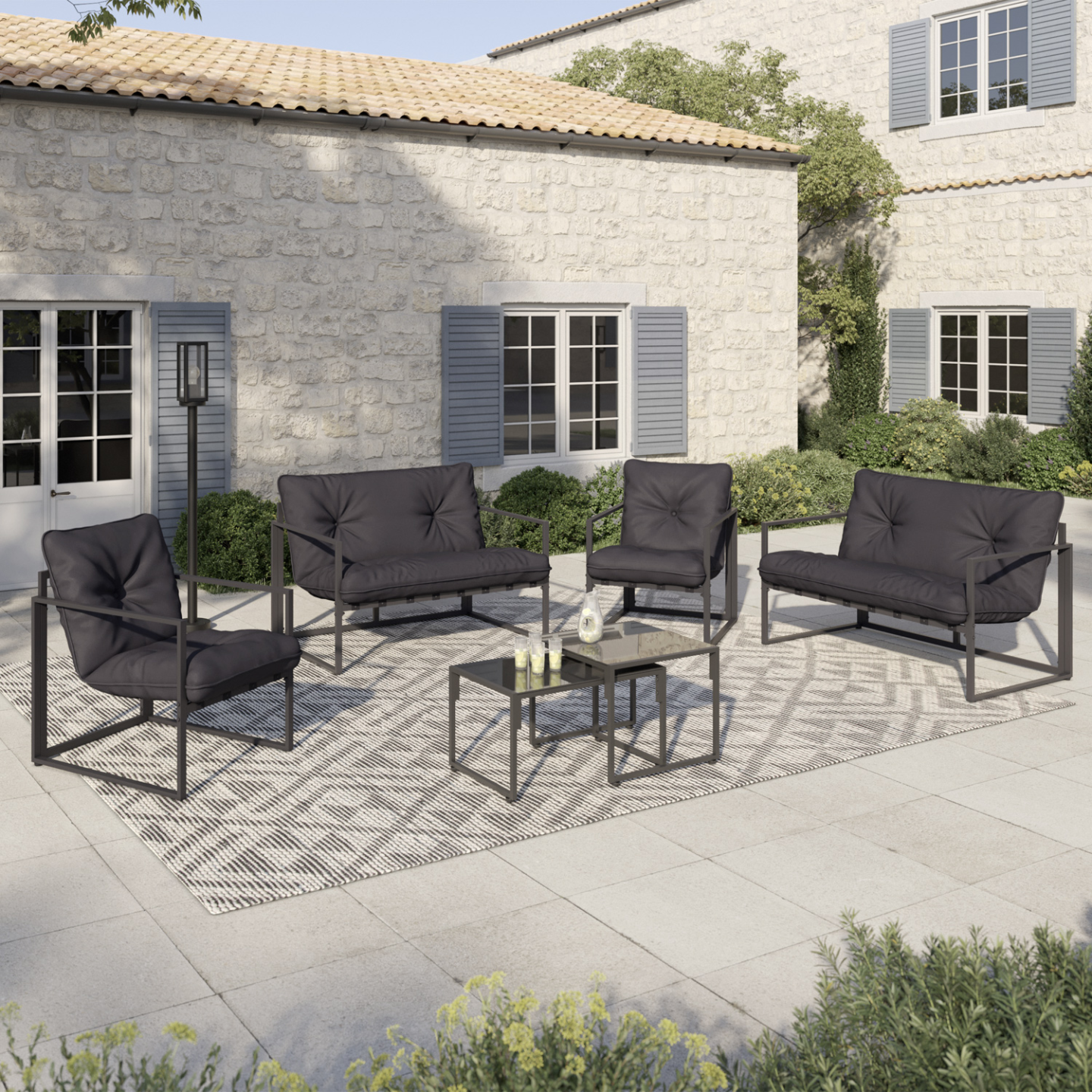 Salon de jardin bas NAIROBI 6 places en acier gris anthracite - Image 1