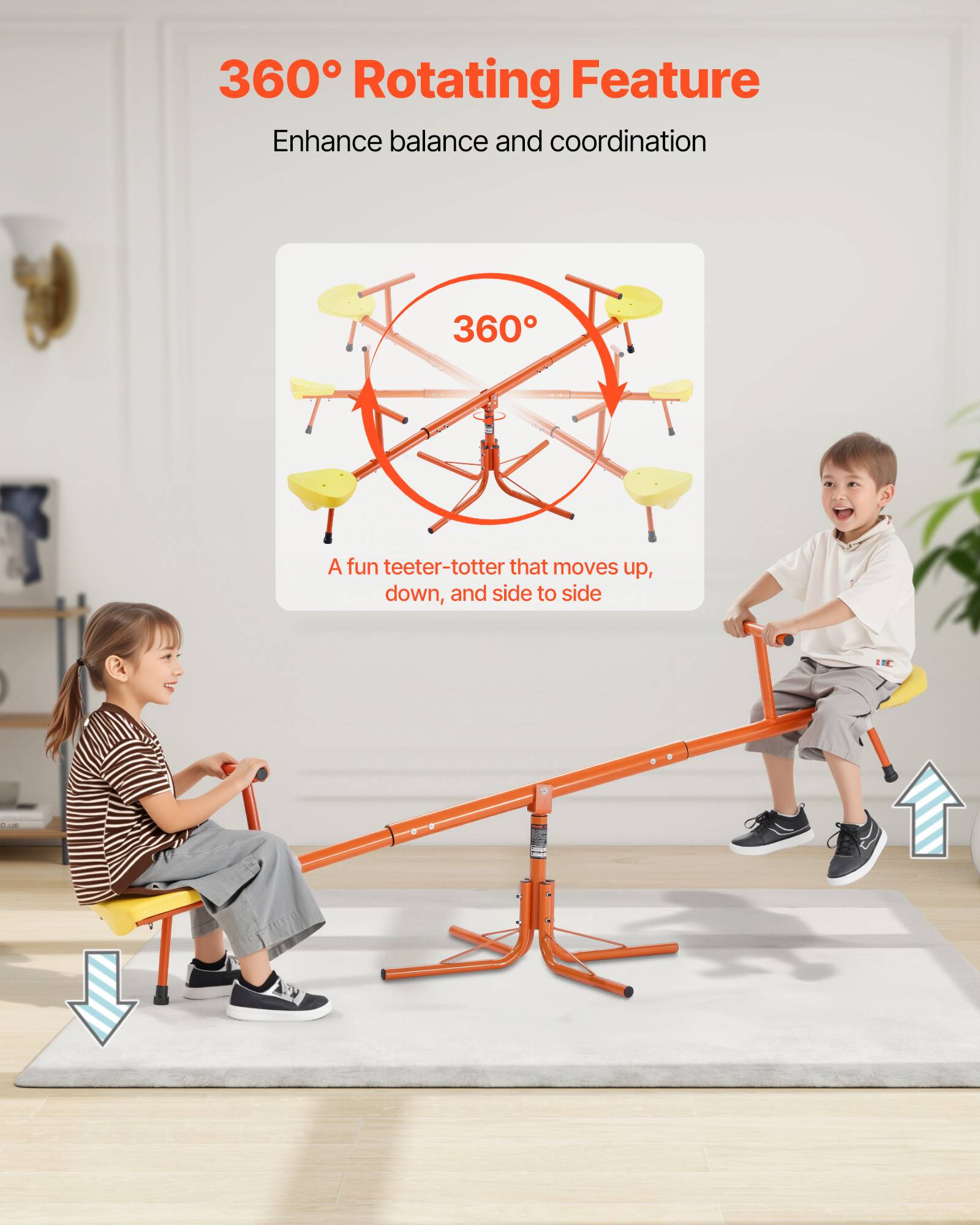 Vevor - VEVOR balançoire à bascule biplace, rotation 360°, 45,4 kg par siège, sièges confortables avec poignées, pieds 4 branches, pour enfants 3 ans +. - Image 3