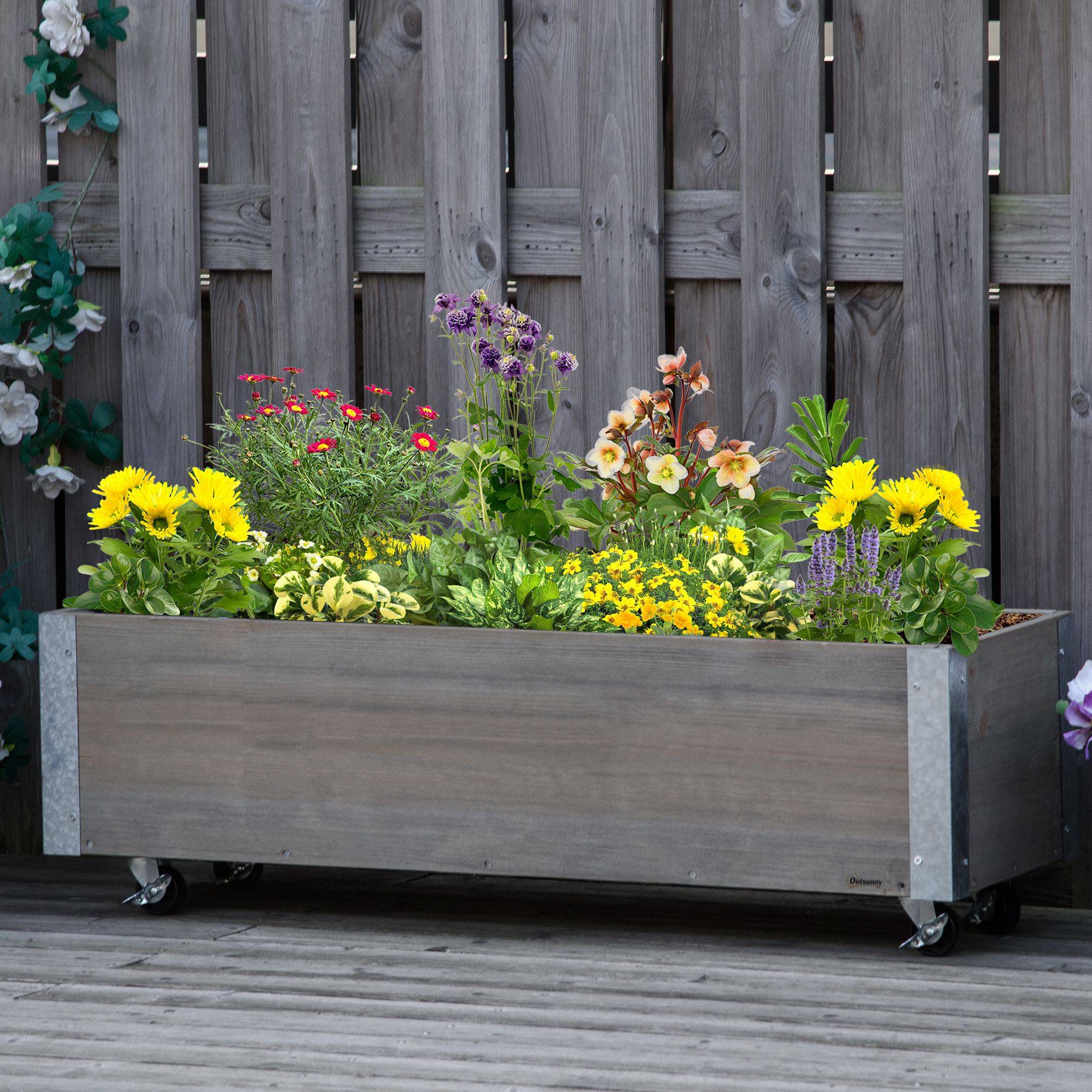 Sans Marque - Fioriera Rettangolare Legno Abete Ruote Frein 96x30,6x30 cm Gris - Image 3