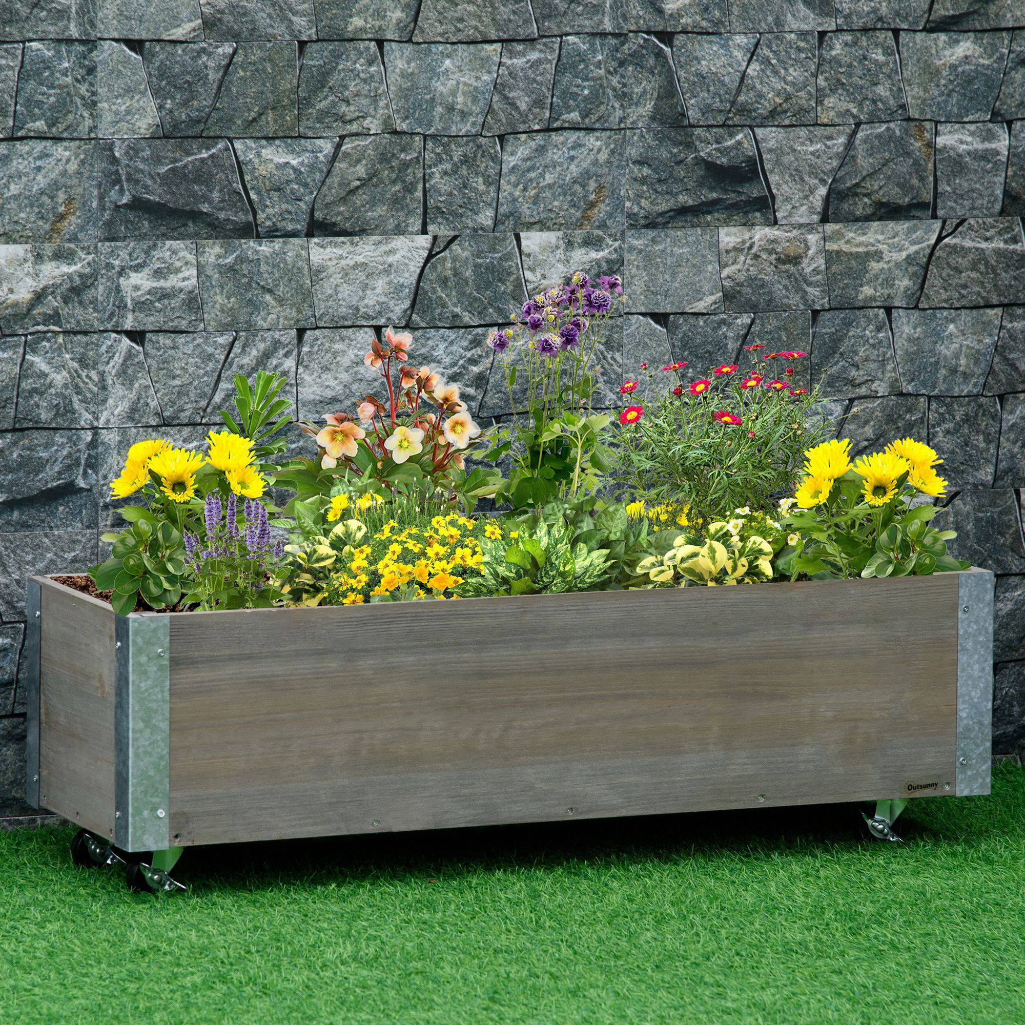 Sans Marque - Fioriera Rettangolare Legno Abete Ruote Frein 96x30,6x30 cm Gris - Image 4
