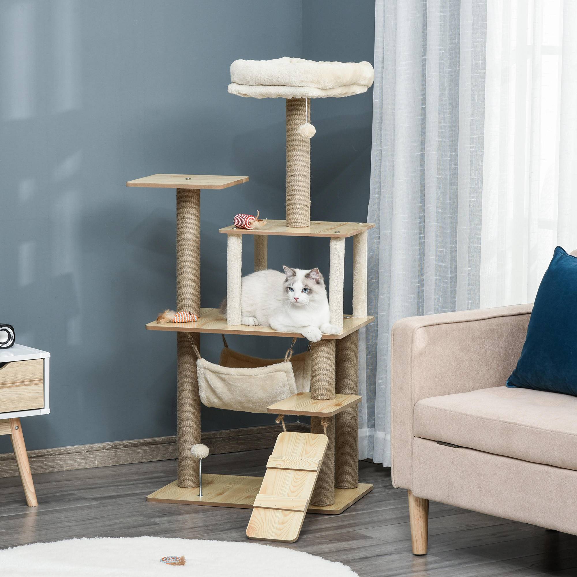 Sans Marque - Arbre à chat tour de jeux pour chat, platesformes, niche, lit, hamac, échelle et griffoirs en jute 60x40x130cm jaune - Image 9