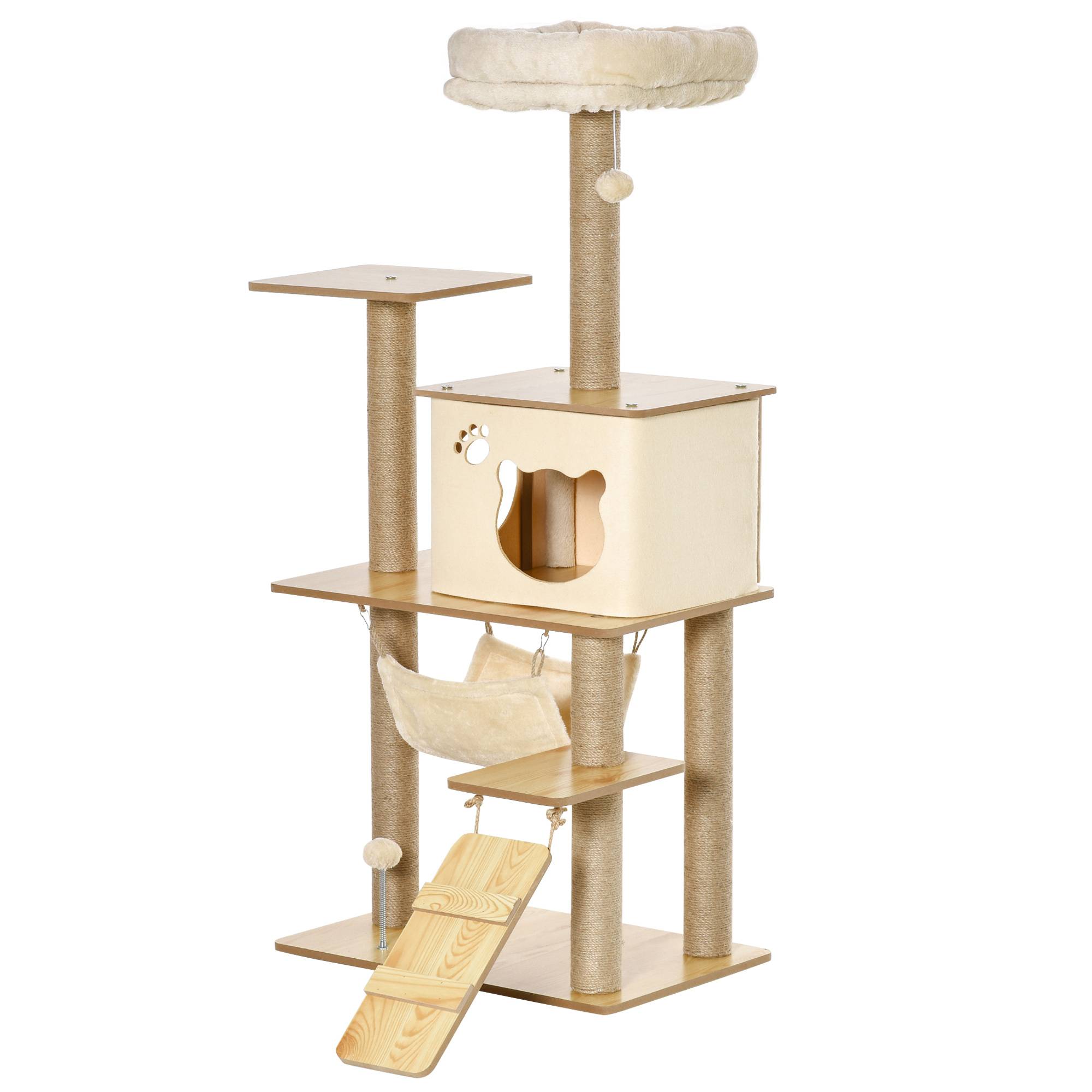 Sans Marque - Arbre à chat tour de jeux pour chat, platesformes, niche, lit, hamac, échelle et griffoirs en jute 60x40x130cm jaune - Image 2