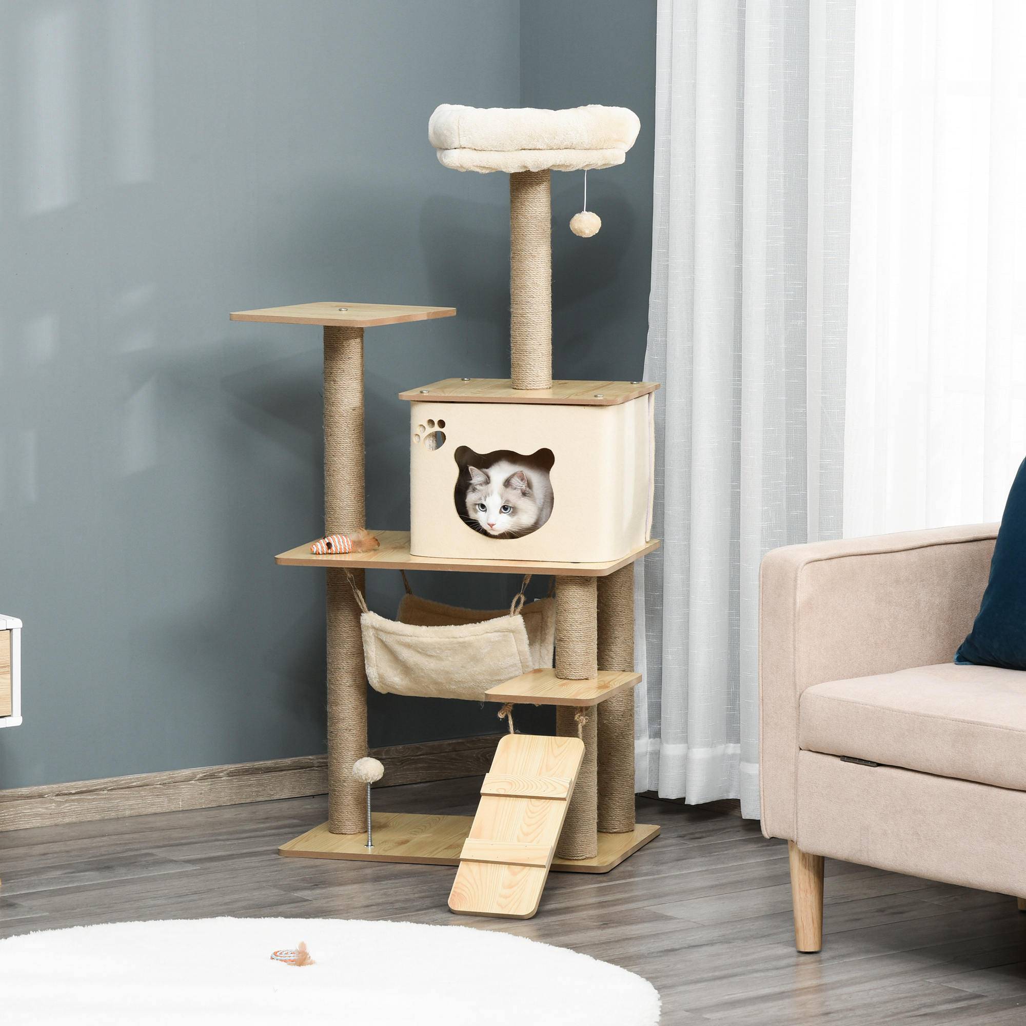 Sans Marque - Arbre à chat tour de jeux pour chat, platesformes, niche, lit, hamac, échelle et griffoirs en jute 60x40x130cm jaune - Image 3