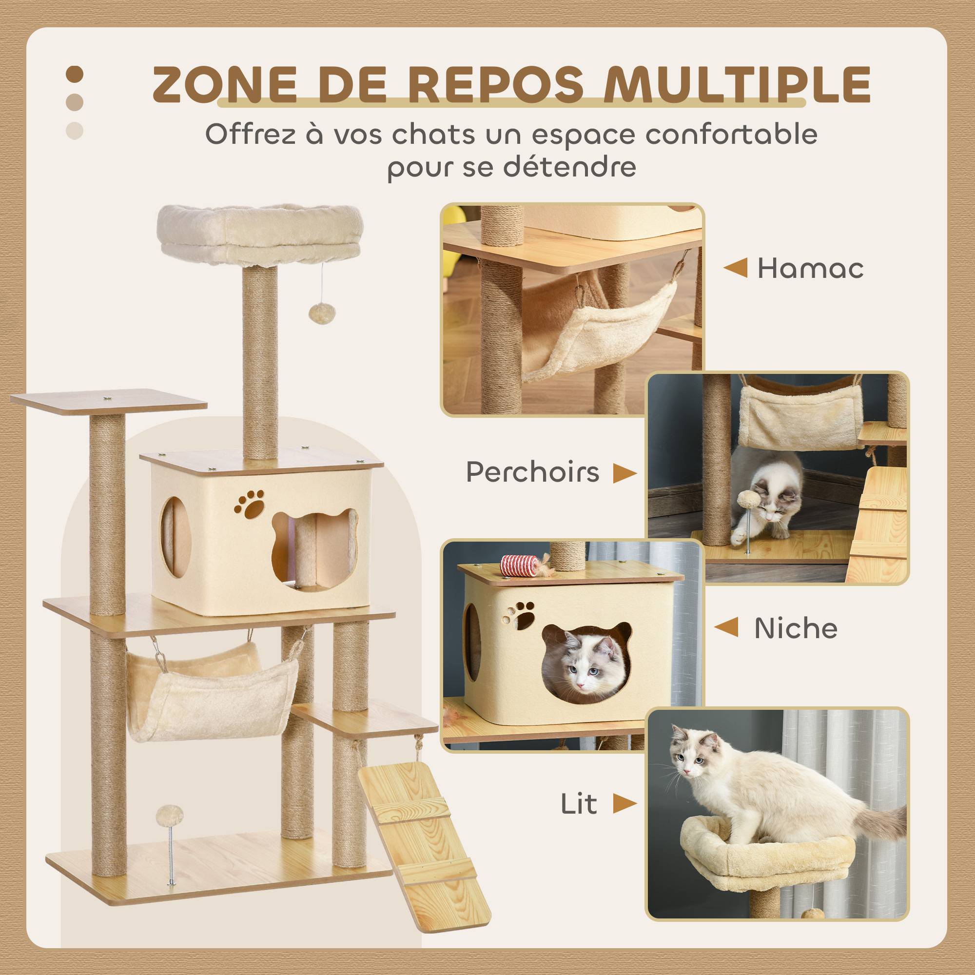Sans Marque - Arbre à chat tour de jeux pour chat, platesformes, niche, lit, hamac, échelle et griffoirs en jute 60x40x130cm jaune - Image 6