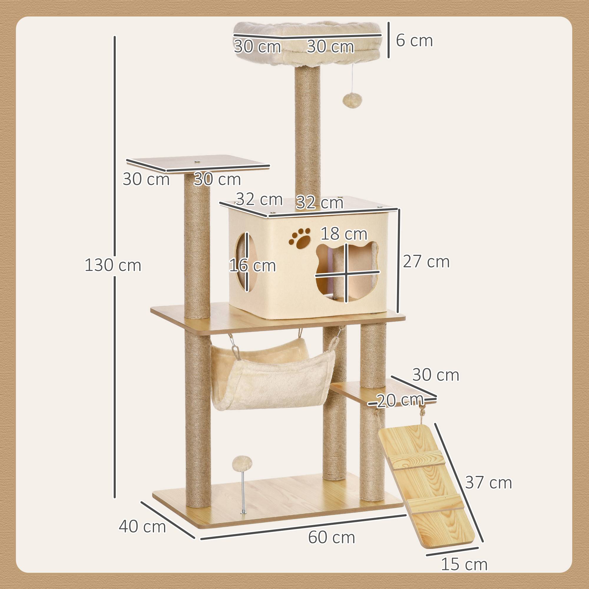 Sans Marque - Arbre à chat tour de jeux pour chat, platesformes, niche, lit, hamac, échelle et griffoirs en jute 60x40x130cm jaune - Image 5