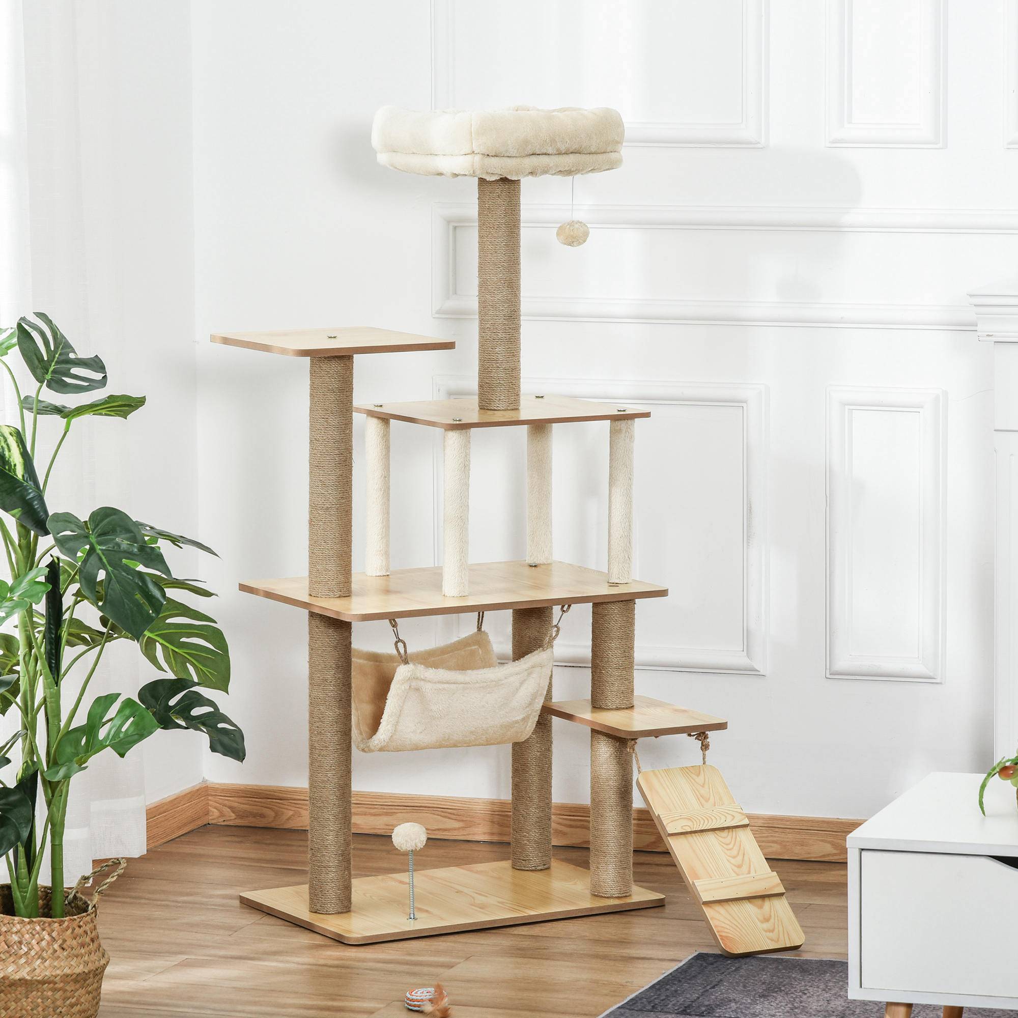 Sans Marque - Arbre à chat tour de jeux pour chat, platesformes, niche, lit, hamac, échelle et griffoirs en jute 60x40x130cm jaune - Image 4