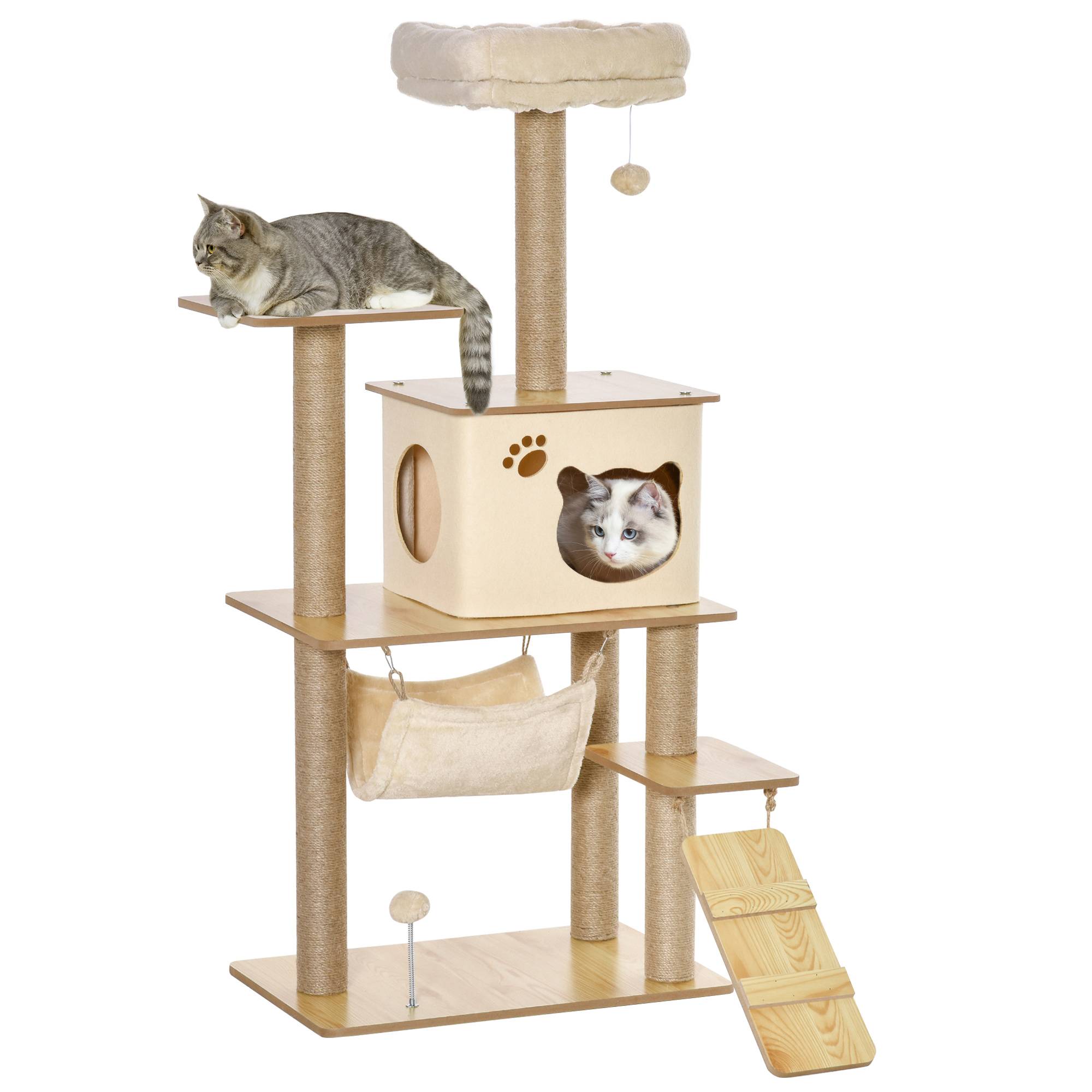 Sans Marque - Arbre à chat tour de jeux pour chat, platesformes, niche, lit, hamac, échelle et griffoirs en jute 60x40x130cm jaune - Image 1