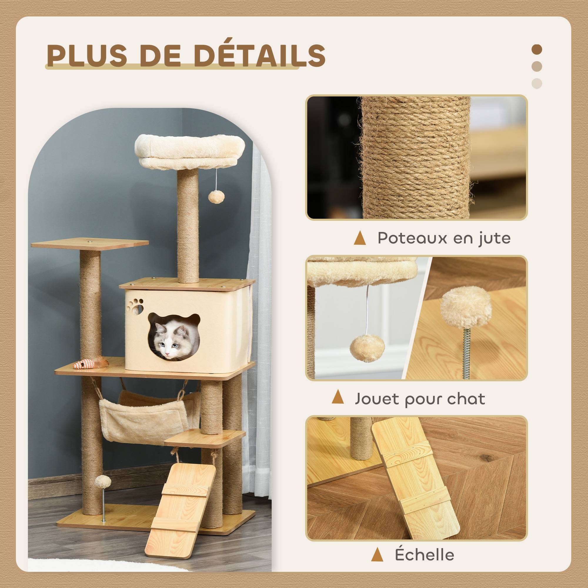 Sans Marque - Arbre à chat tour de jeux pour chat, platesformes, niche, lit, hamac, échelle et griffoirs en jute 60x40x130cm jaune - Image 7
