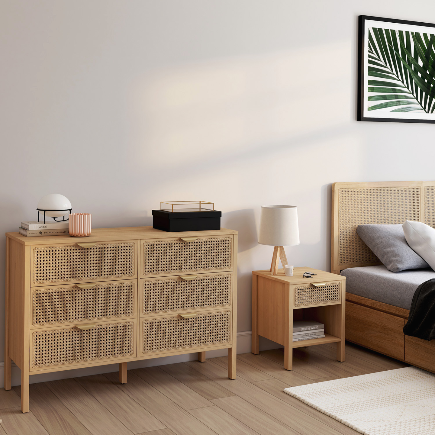 Lot de 2 tables de chevet EDHEN 1 tiroir avec niche cannage et bois - Image 7