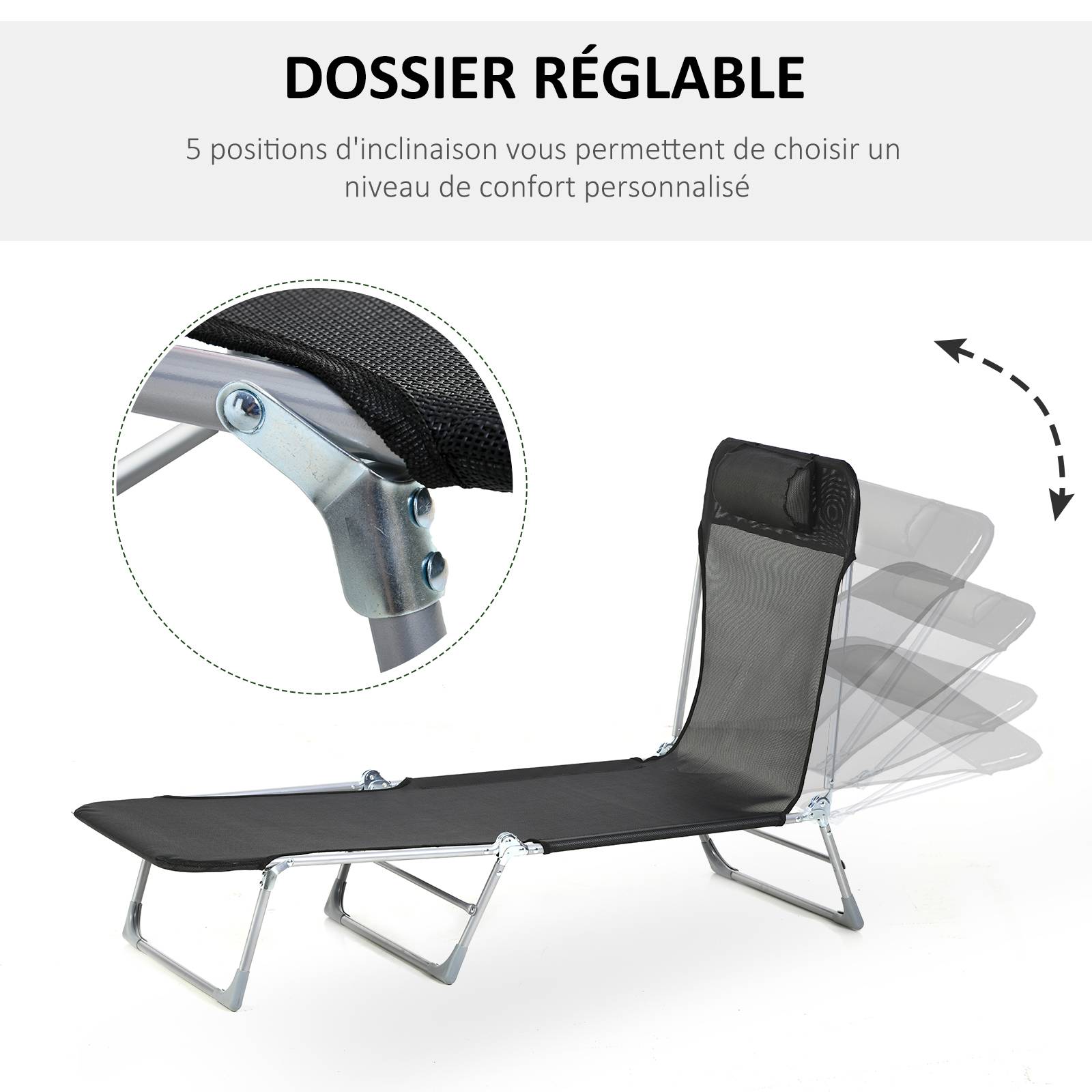 Bain de soleil transat chaise longue inclinable pliable avec oreiller dossier réglable sur 5 niveaux noir - Image 6