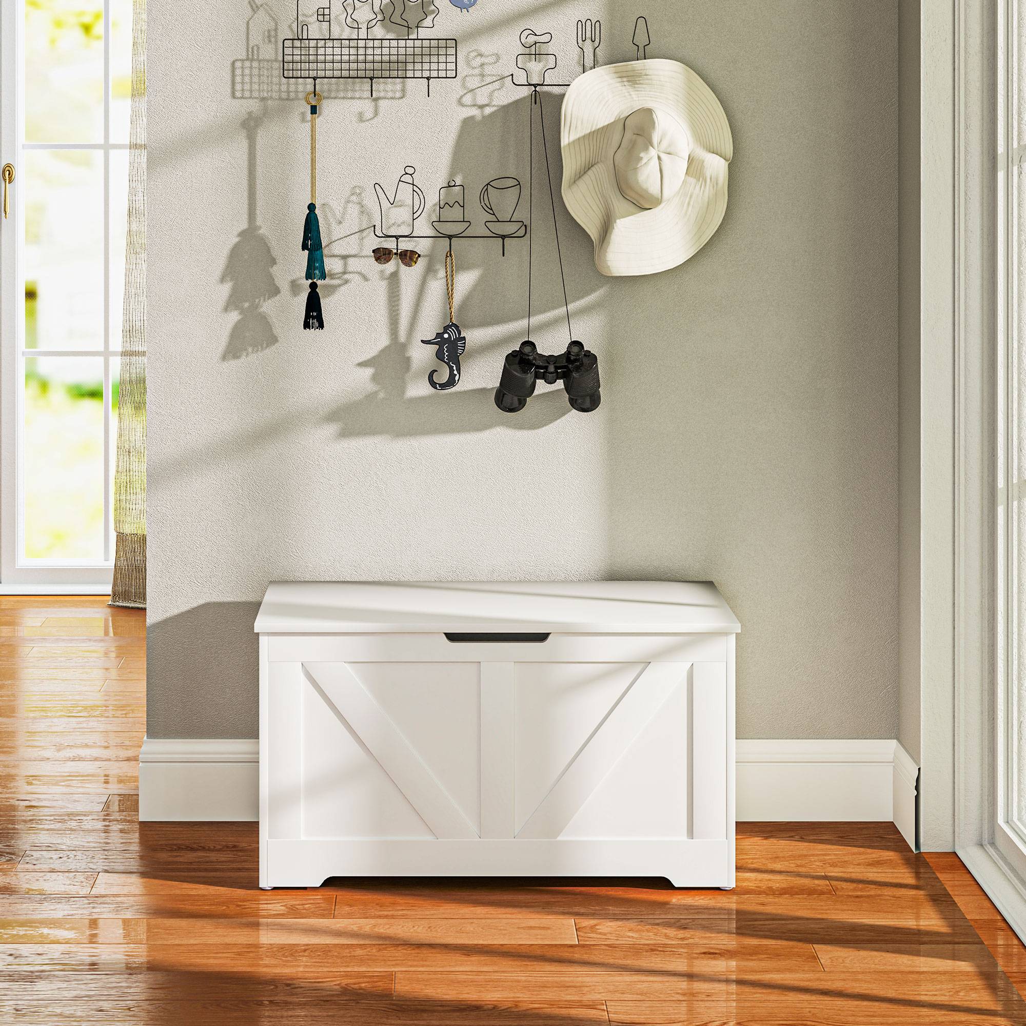 Coffre rangement 100 L avec charnière sécurité, banc coffre multifonction blanc chambre entrée salon 80x40x45 cm - Image 4