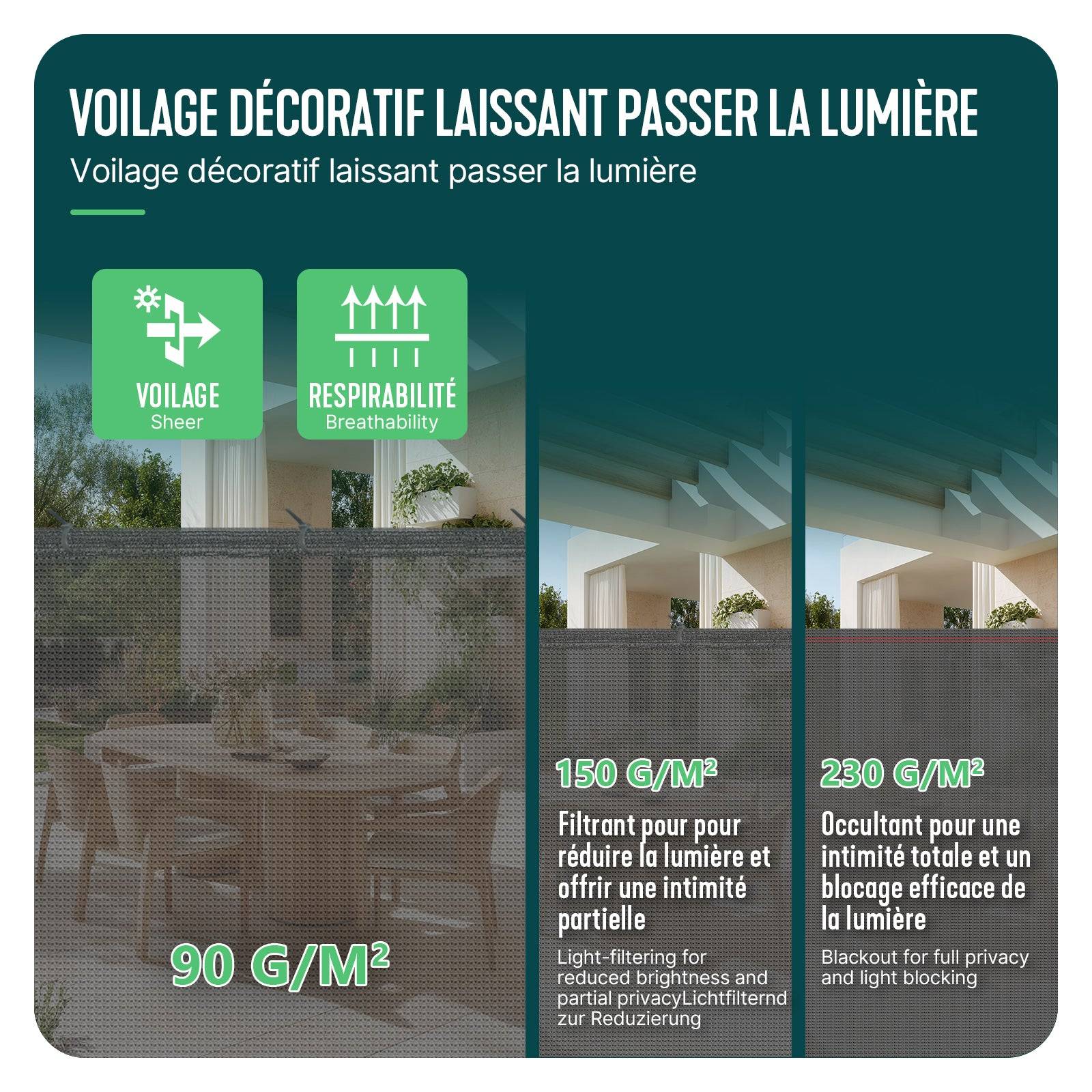Vounot - Brise vue occultant en HDPE 90g/m² 1.5x20m avec attaches de fixation gris - Image 4