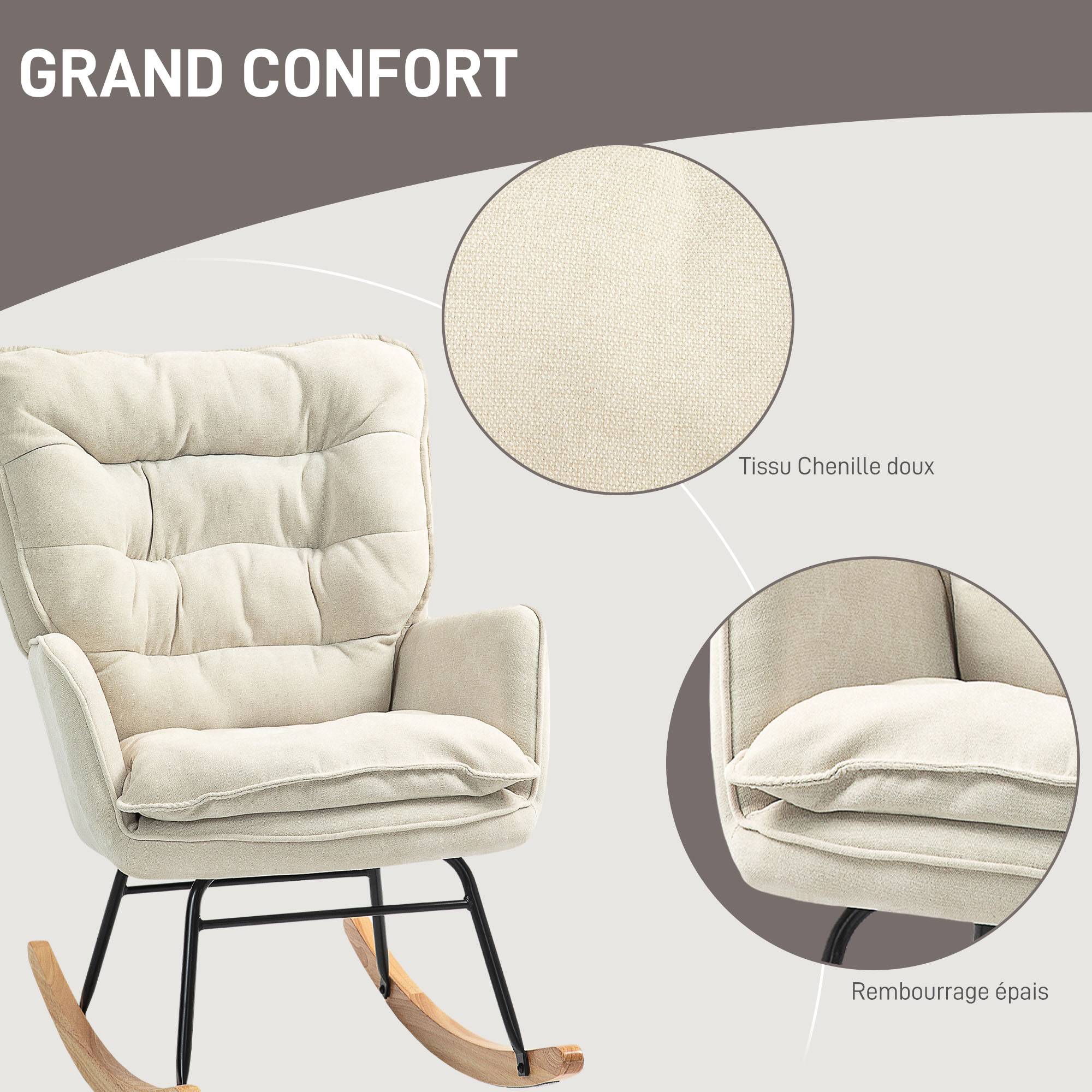 Sans Marque - Fauteuil à bascule, rocking chair en chenille, dossier et assise larges rembourrés, accoudoirs, 71 x 98,5 x 97 cm, beige - Image 8