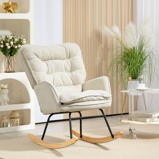 Sans Marque - Fauteuil à bascule, rocking chair en chenille, dossier et assise larges rembourrés, accoudoirs, 71 x 98,5 x 97 cm, beige - Image 3