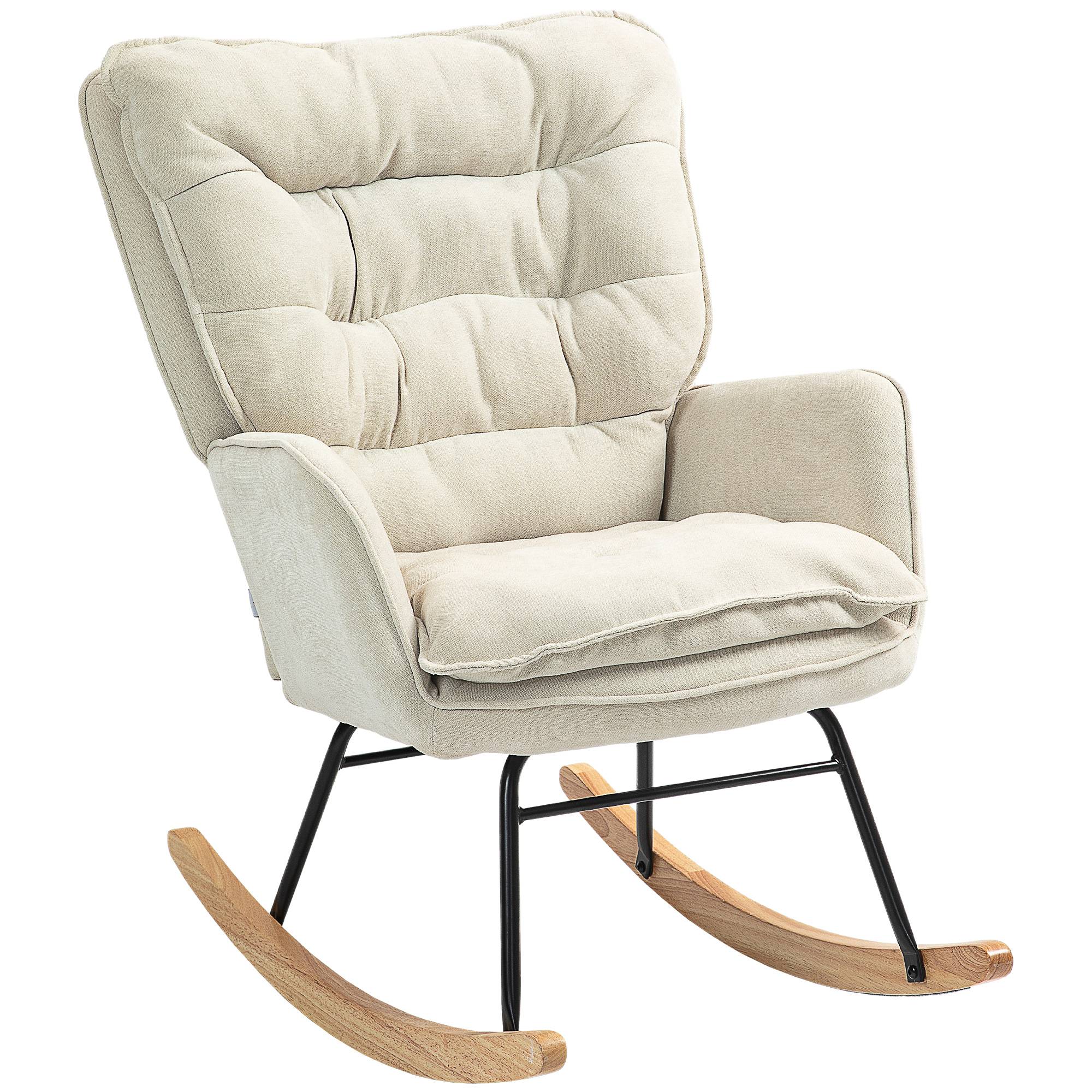 Sans Marque - Fauteuil à bascule, rocking chair en chenille, dossier et assise larges rembourrés, accoudoirs, 71 x 98,5 x 97 cm, beige - Image 1