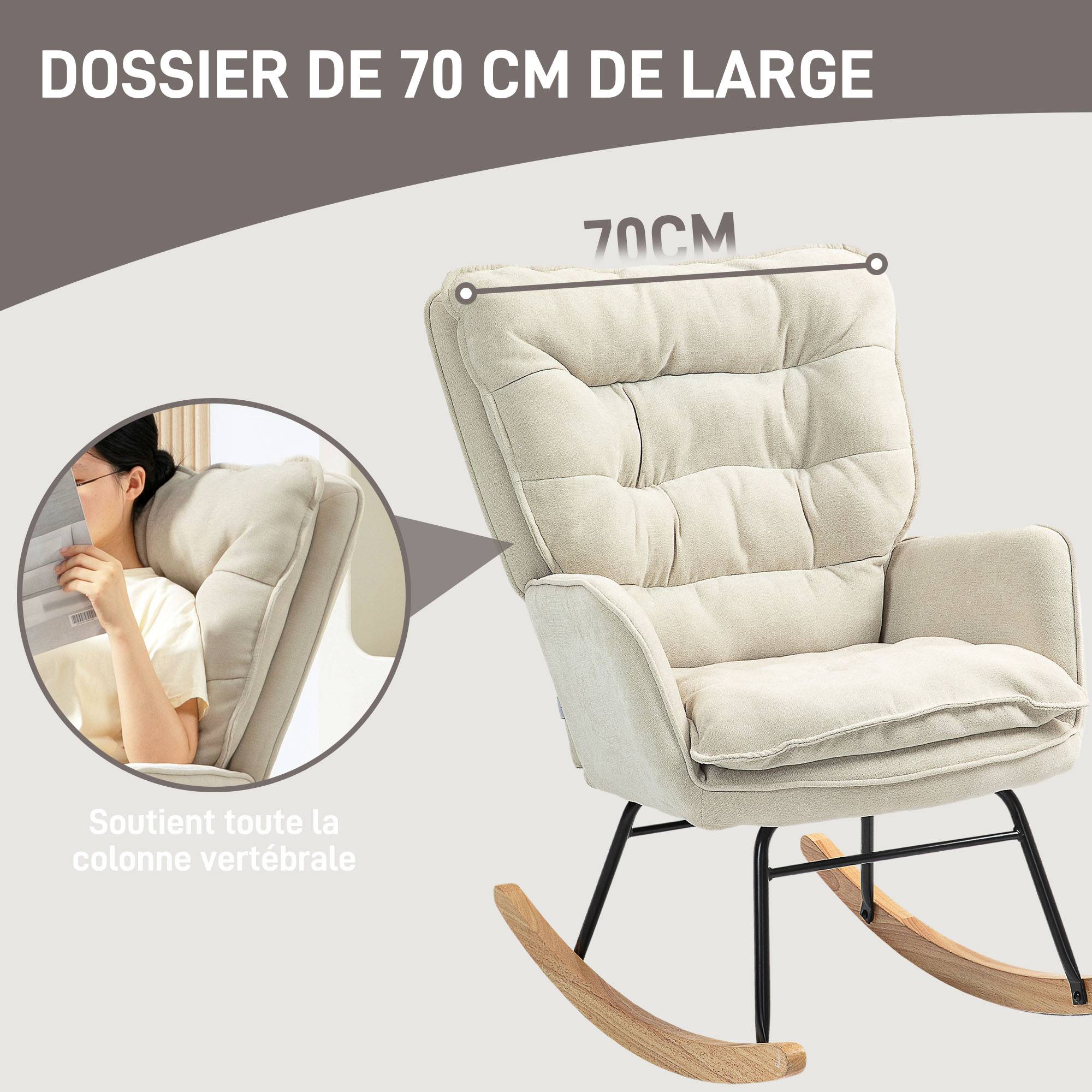 Sans Marque - Fauteuil à bascule, rocking chair en chenille, dossier et assise larges rembourrés, accoudoirs, 71 x 98,5 x 97 cm, beige - Image 7